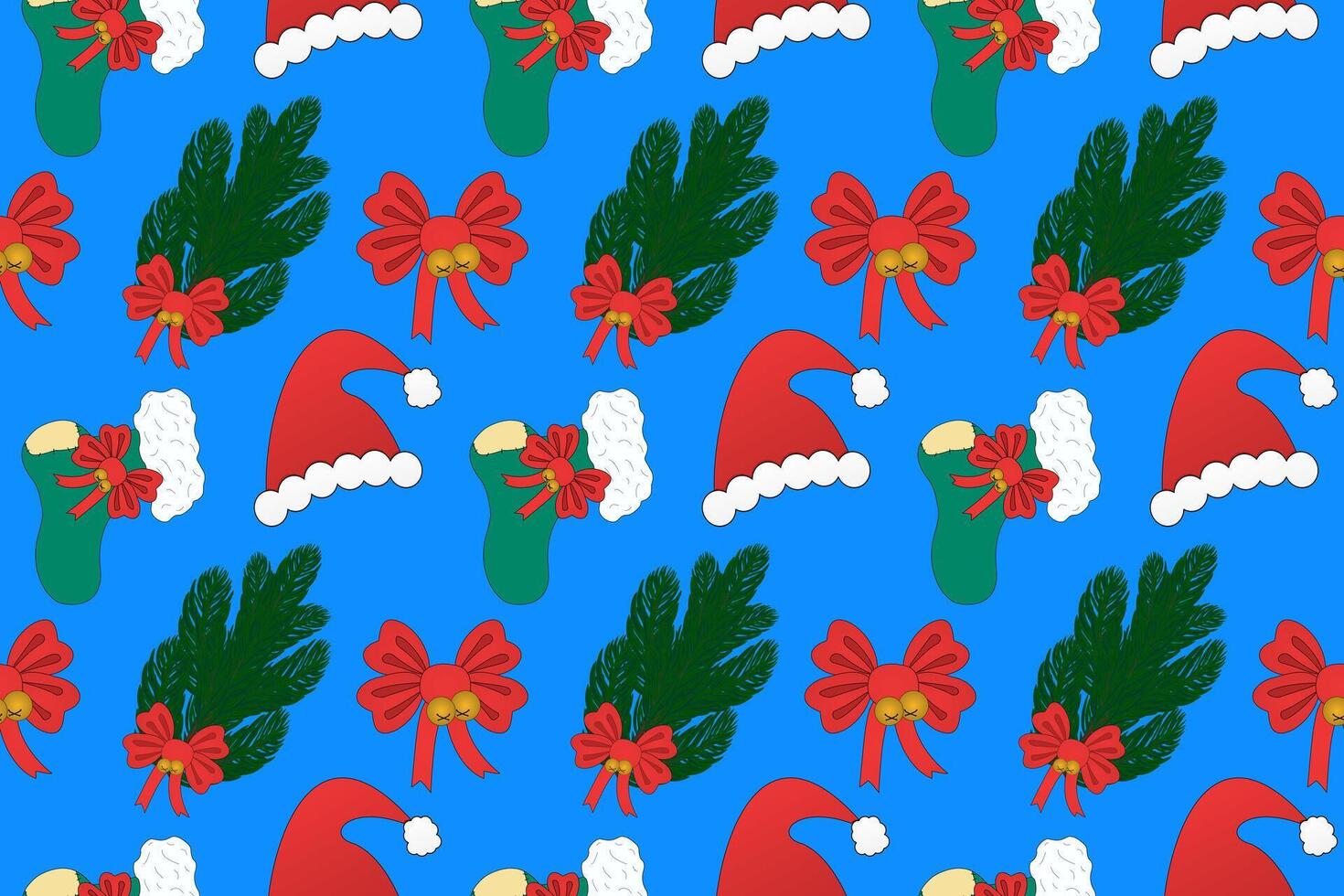 Festive seamless pattern featuring Christmas stockings, Santa hats, and decorative bows. Perfect for holiday-themed designs, wrapping paper, and crafts. vector
