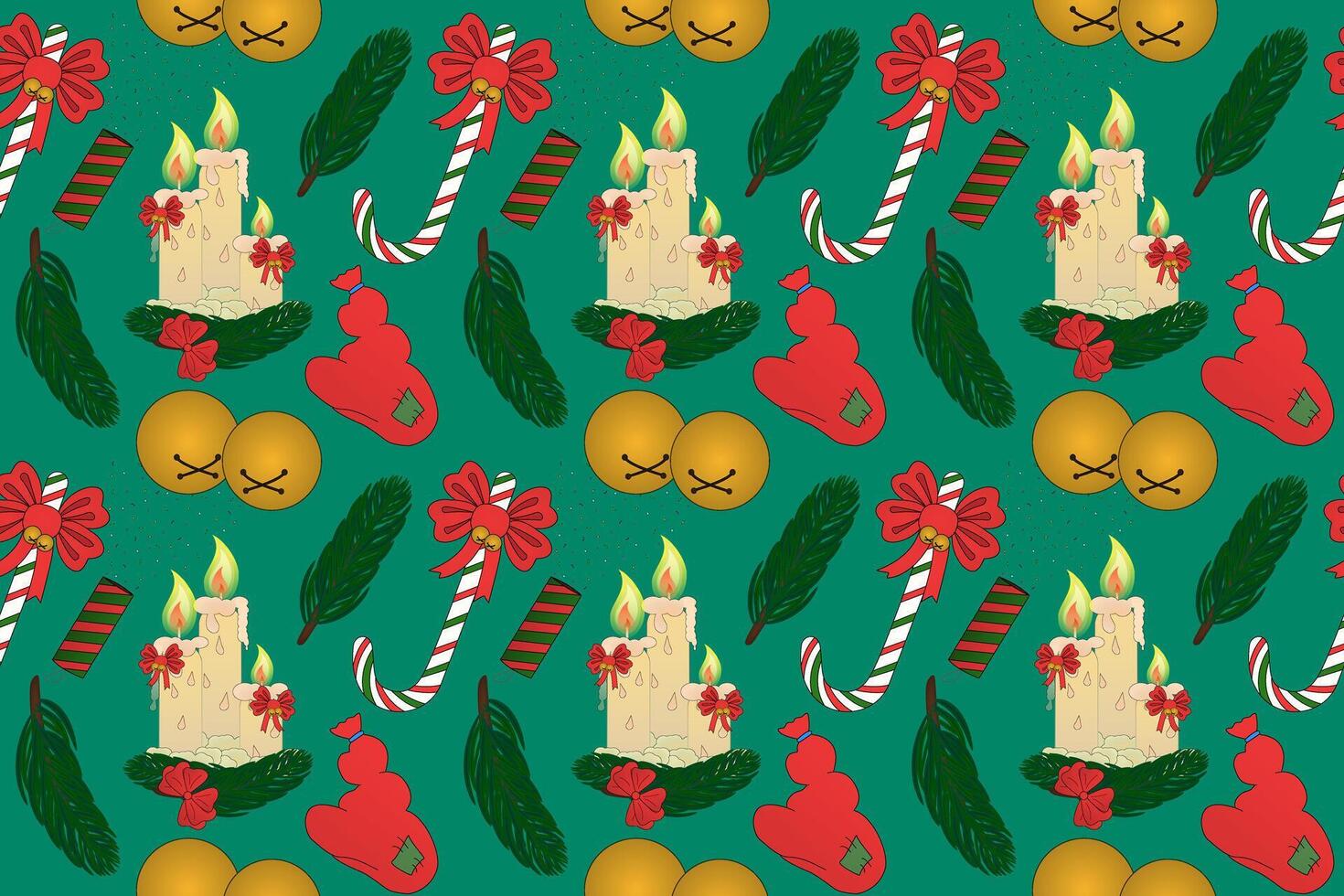 Seamless Christmas pattern with candles, candy canes, and festive decor elements. Perfect for holiday designs and projects. vector