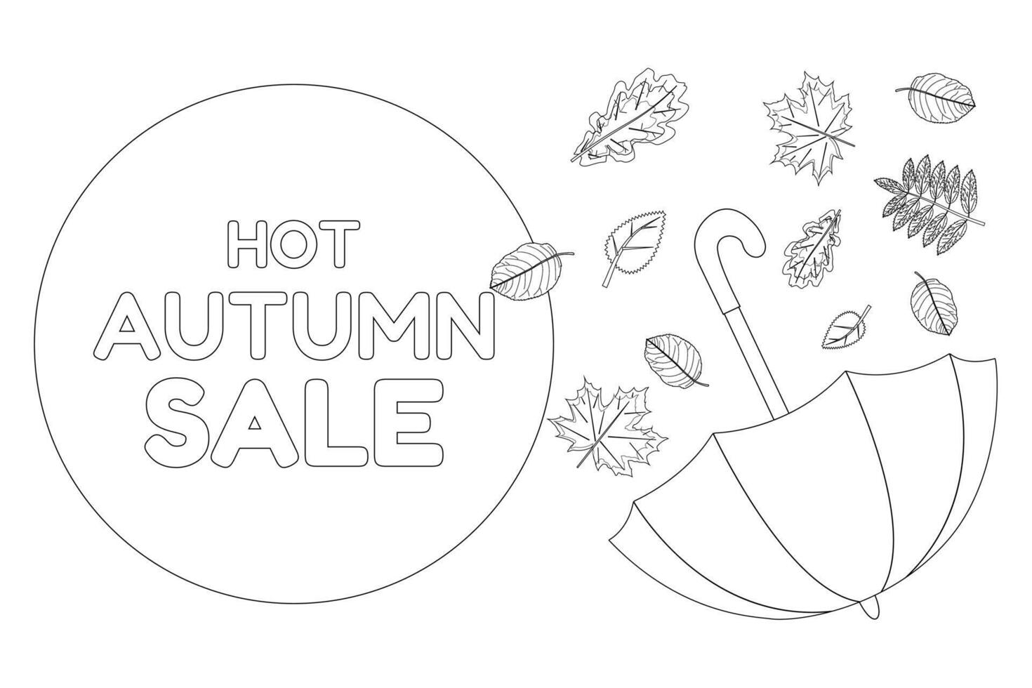 Detailed autumn-themed coloring page featuring an umbrella with leaves and a Hot Autumn Sale sign. Ideal for seasonal activities. vector