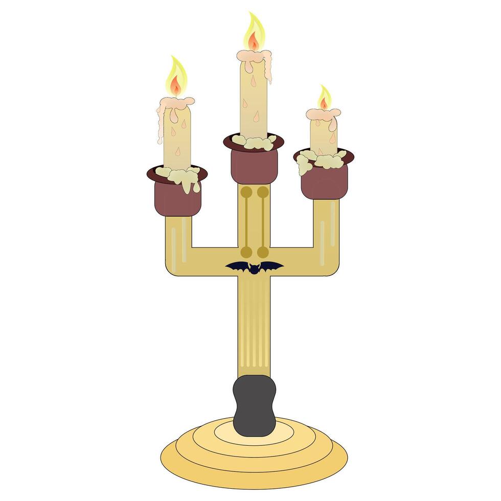 Candle holder with three burning candles and a bat, Halloween. color drawing vector