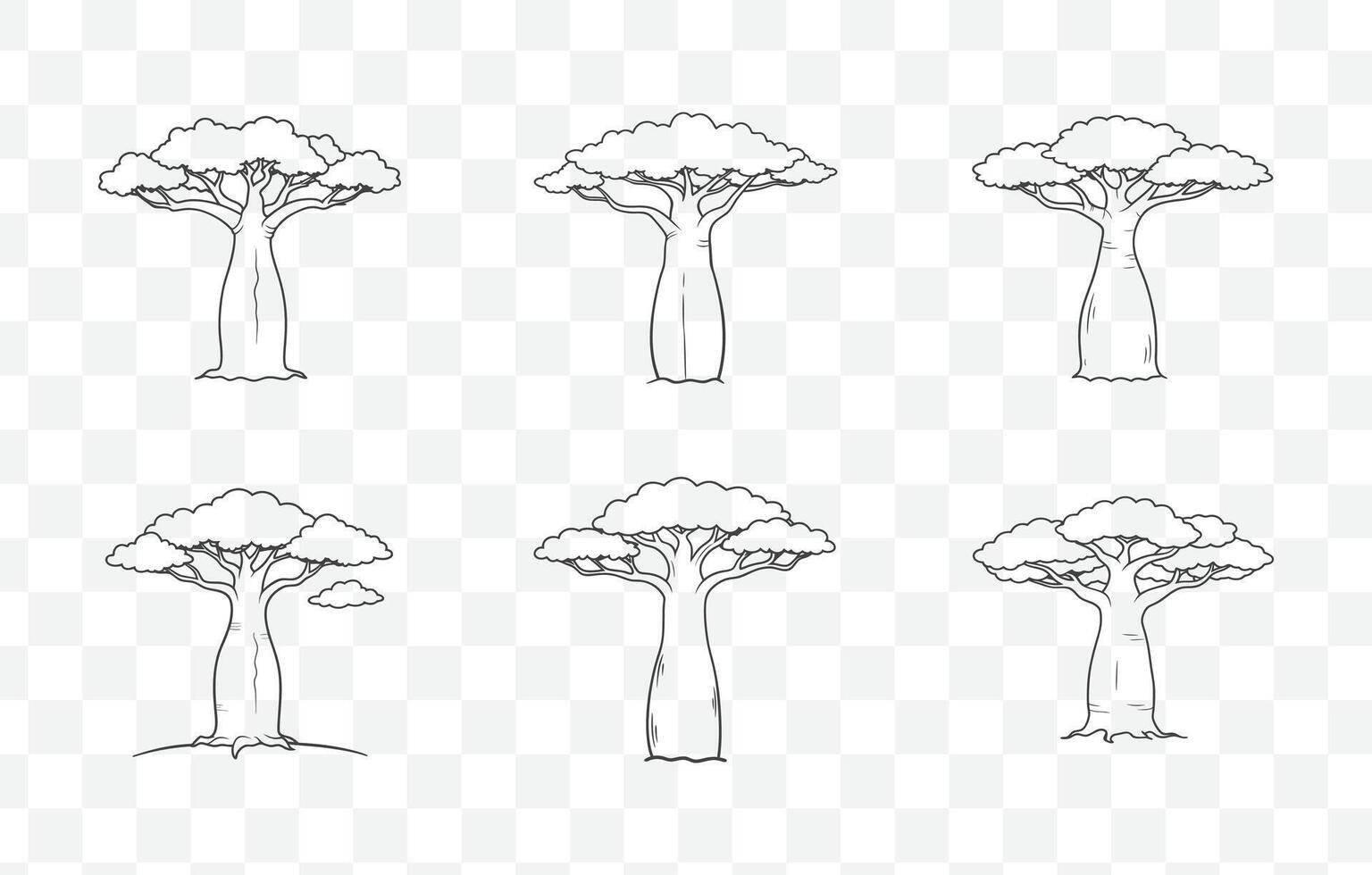 Print Comprehensive Baobab Tree Line Art Set Featuring Unique Silhouettes and Detailed Illustrations vector