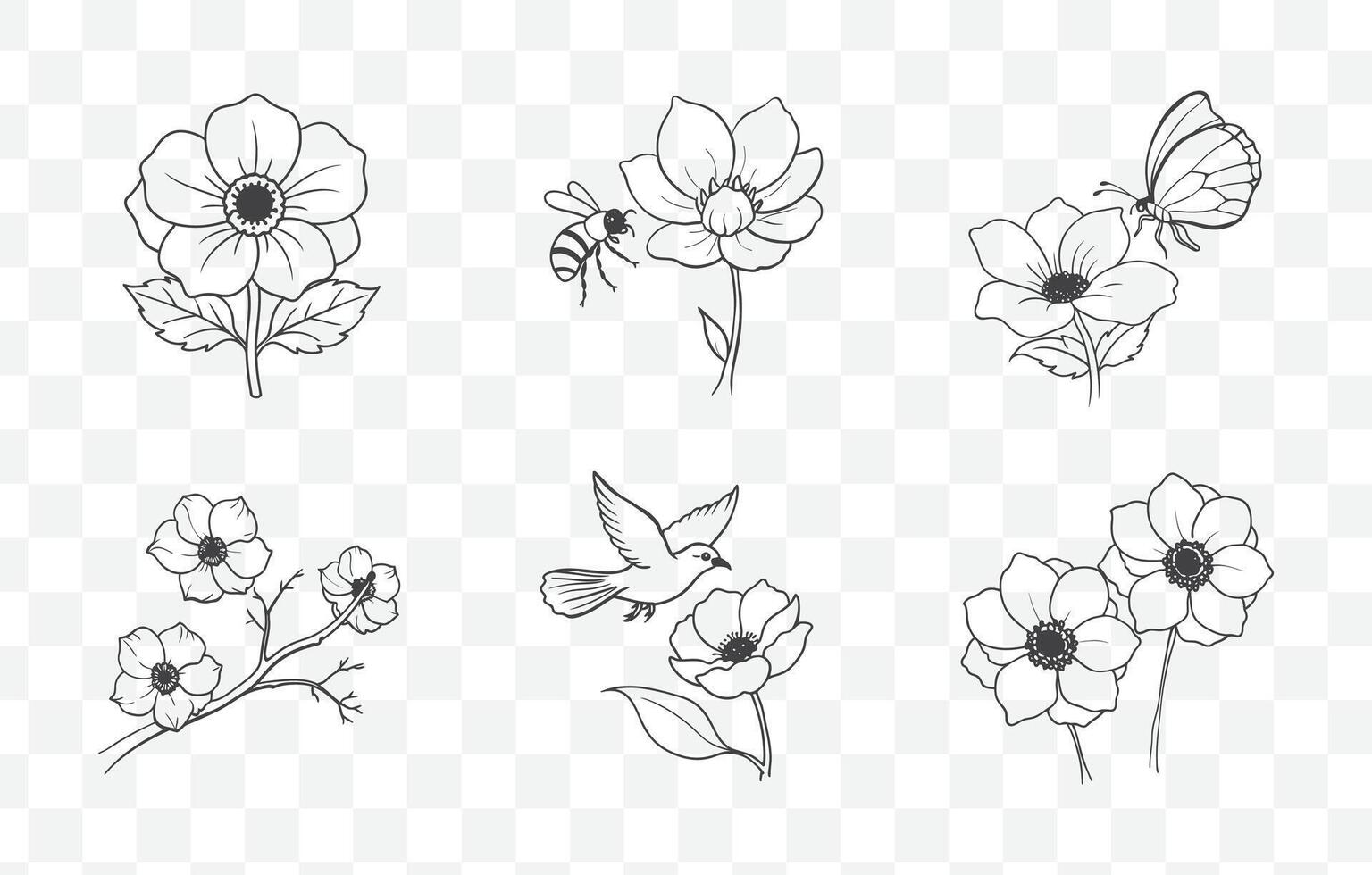 Print Elegant Anemone Line Art Set for Detailed Floral Designs and Illustrations vector