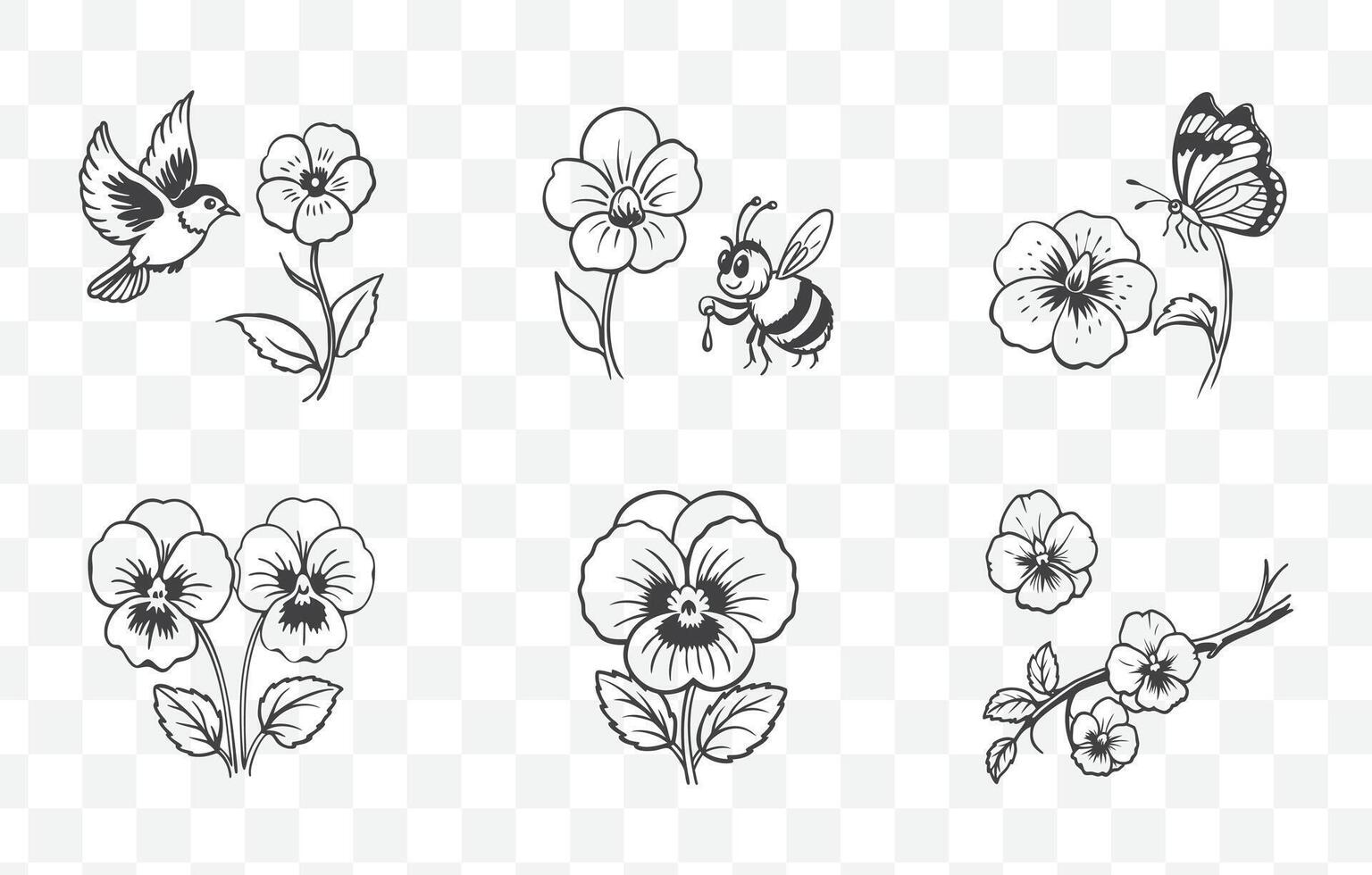 Print Pansy Flower Line Art Set Detailed Botanical Illustrations of Pansies for Design and Decoration Projects vector