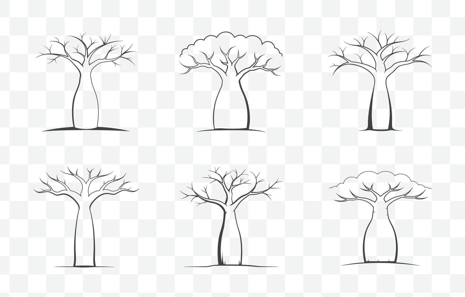 Print Dead Baobab Tree Line Art Set with Detailed Branches and Textured Trunk Illustrations vector
