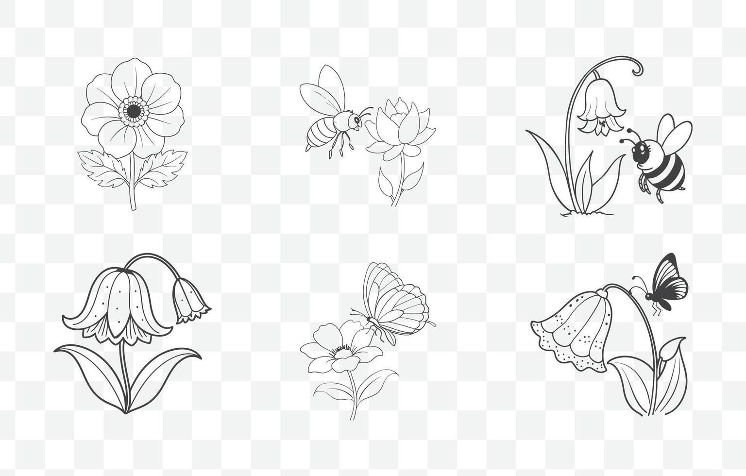 Print Bluebell Flower Botanical Illustration Line Art Set with Detailed Floral Elements for Design Projects vector