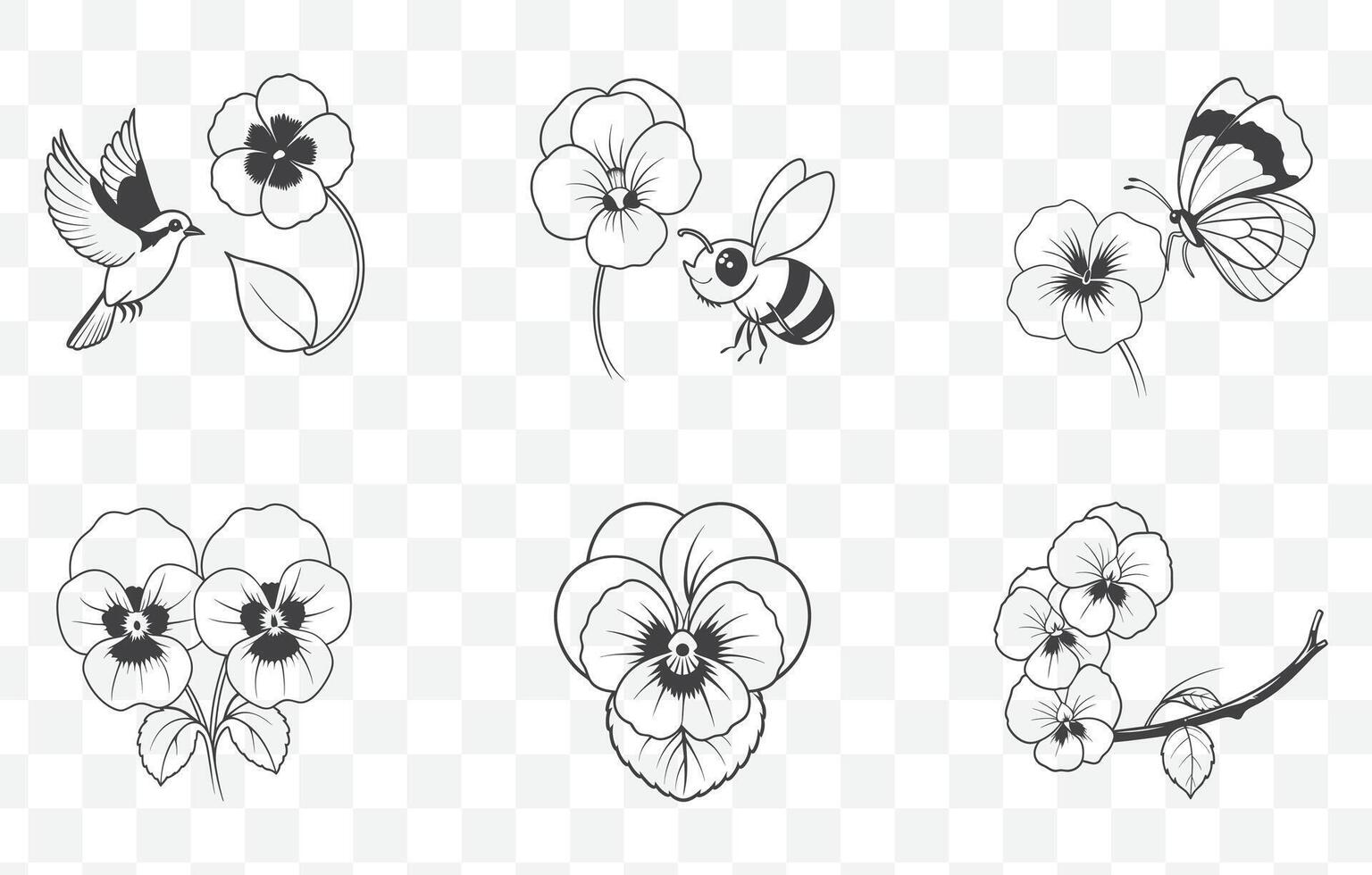 Print Pansy Flower Line Art Set Detailed Botanical Illustrations of Pansies for Design and Decoration Projects vector