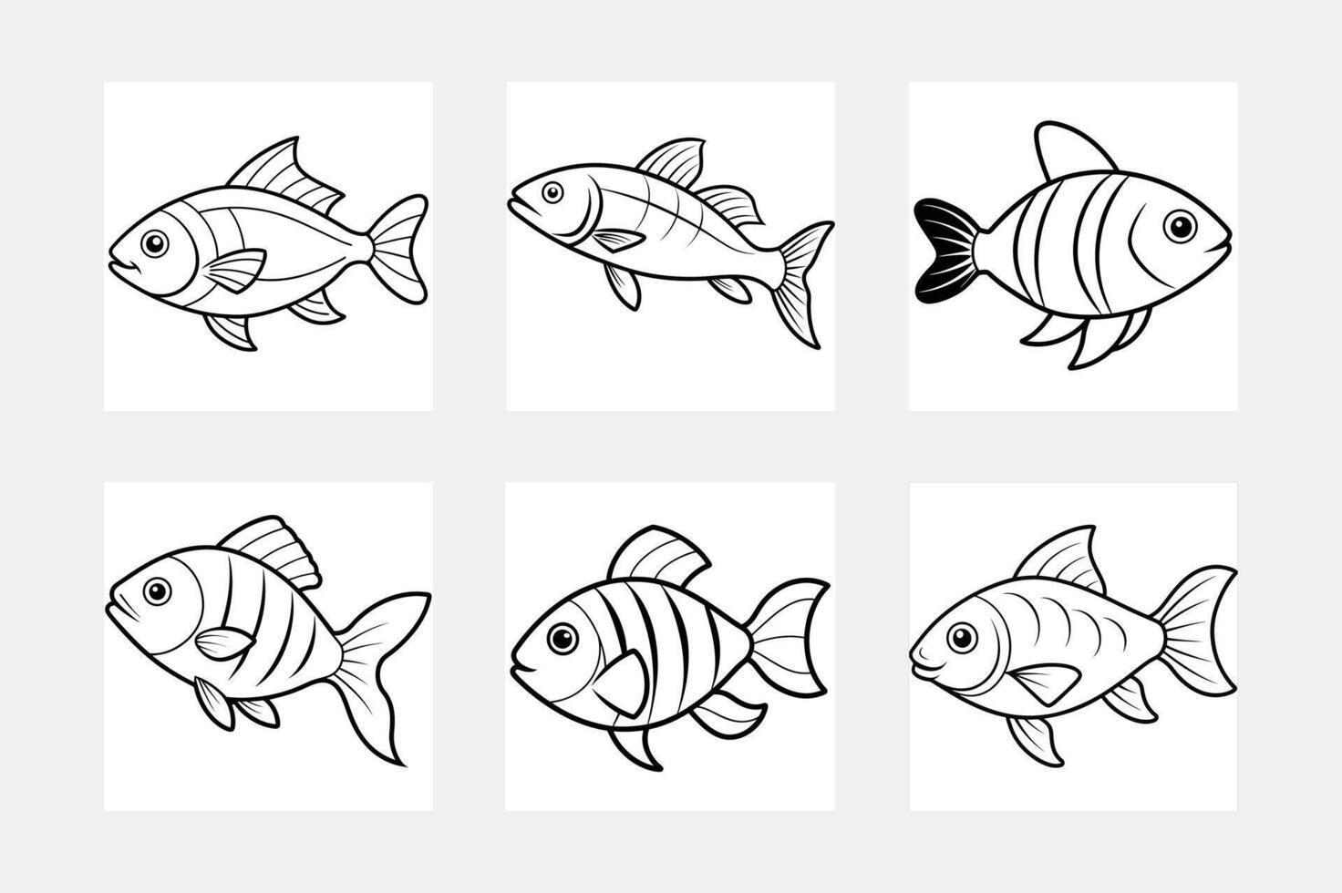 Cartoon fish set. Hand drawing outline doodles vector
