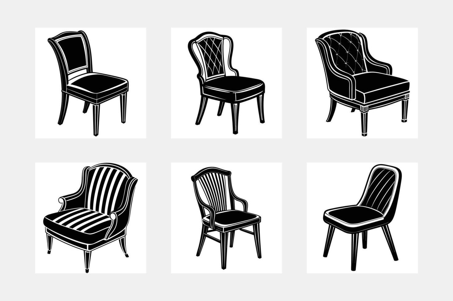 Chairs and Armchairs Silhouette Set. Modern and Ancient Furniture collection for home vector