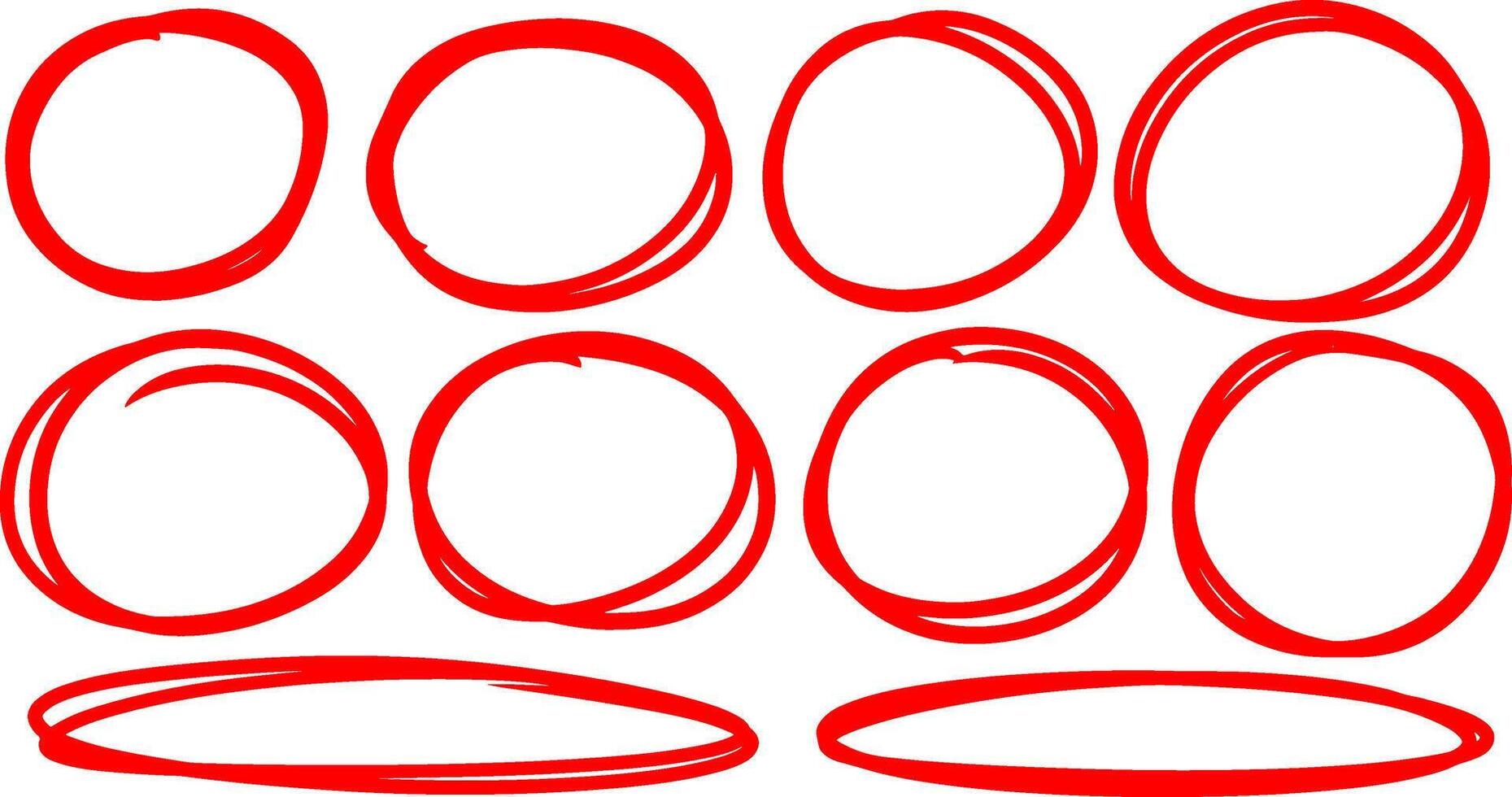 Drawn pen line oval set. Hand drawn marker stroke style doodle oval frame. Scribble round frame for text highlight. vector