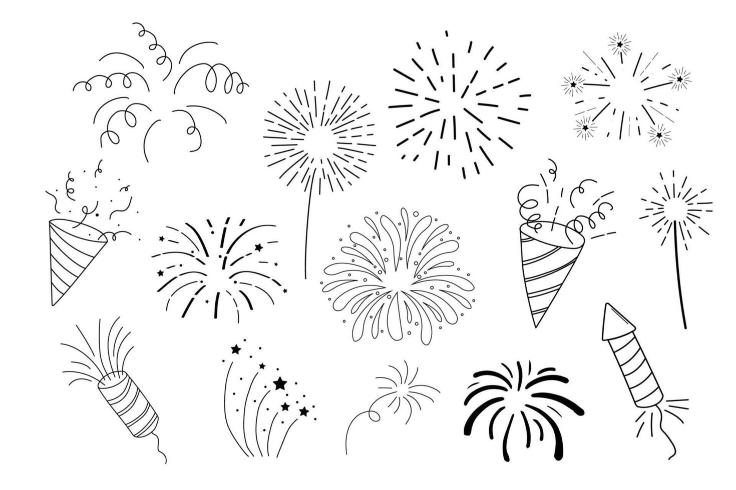 Fireworks and rocket, salute with burst, light and festive explosions in doodle style. Hand drawn sparks, firecracker on white background. Party, celebrations, event. vector