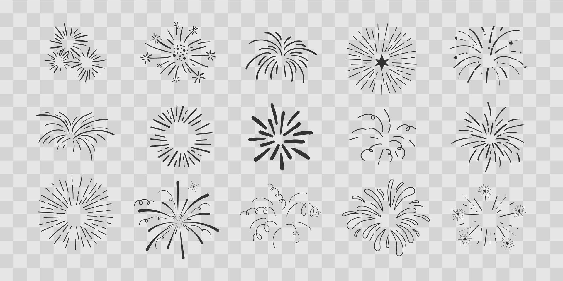 Set fireworks radial doodle line explosion circle sparkler with rays, hand drawn firecrackers simple and round decoration isolated on transprent background. vector