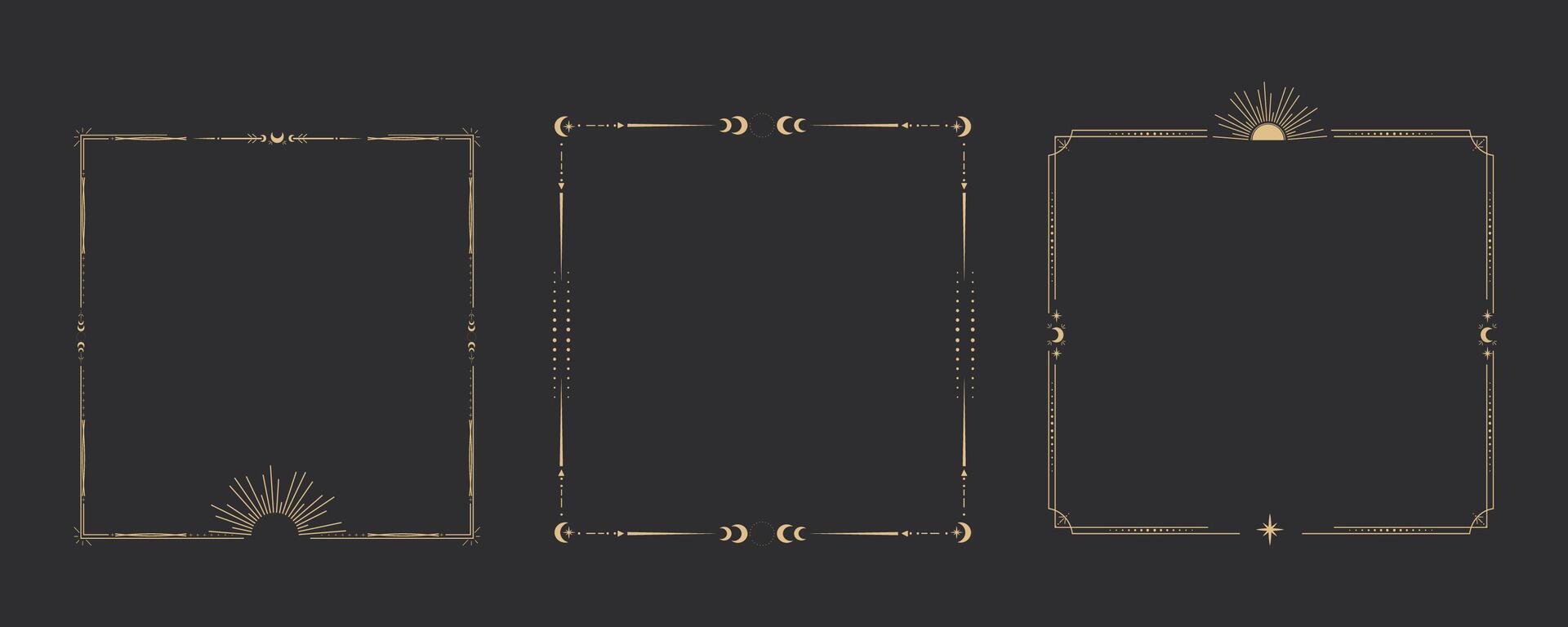 Gold celestial minimal esoteric frame, thin line border, mystyc linear decoration with dots, moon, stars corners isolated on dark background. Geometric shape, tarrot vector