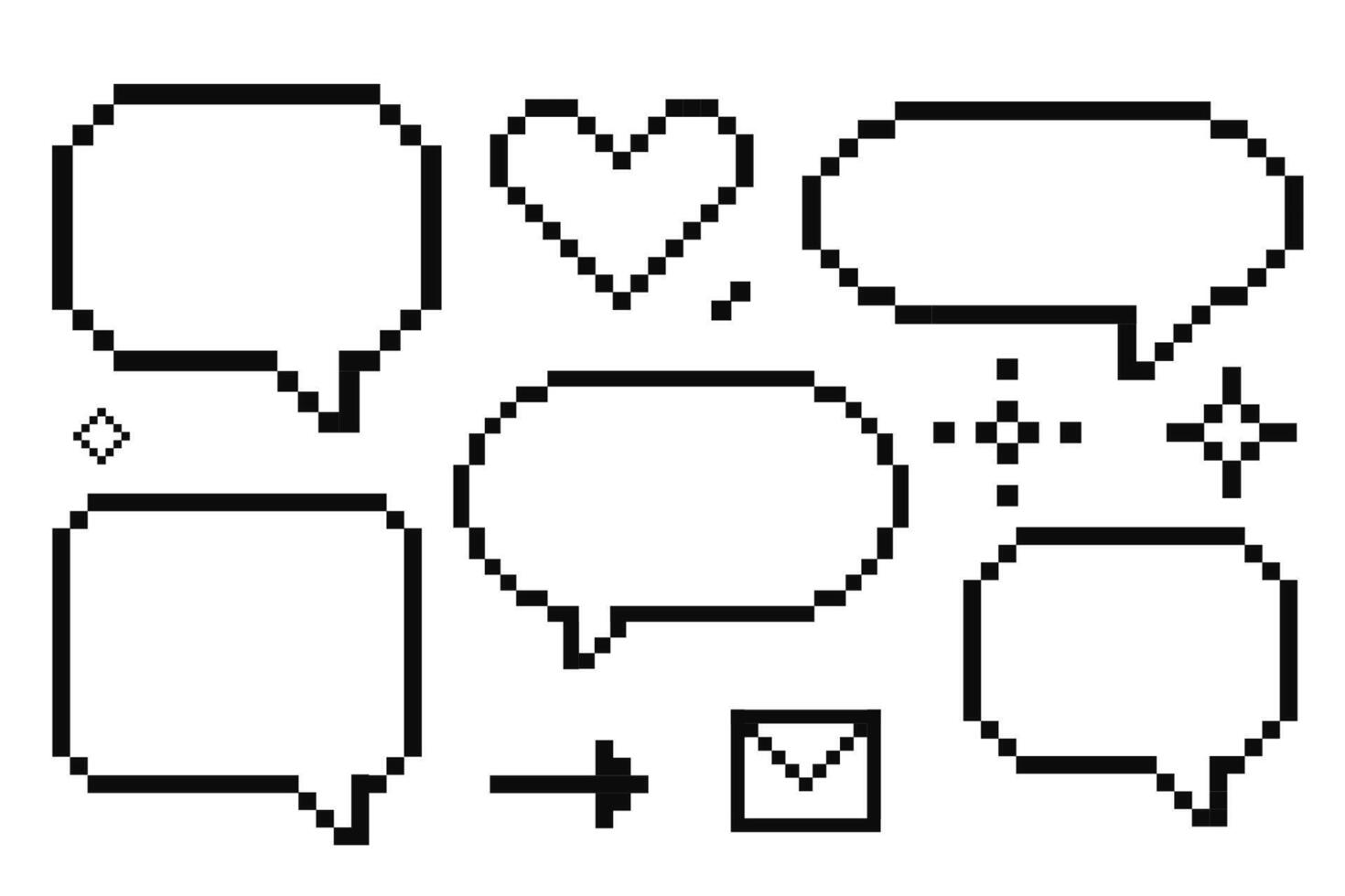 Pixel speech bubble cloud 8 bit y2k digital retro message with stars, arrow, heart. Game talk box, comment.b Text frame, border. 80s, 90s computer games. vector
