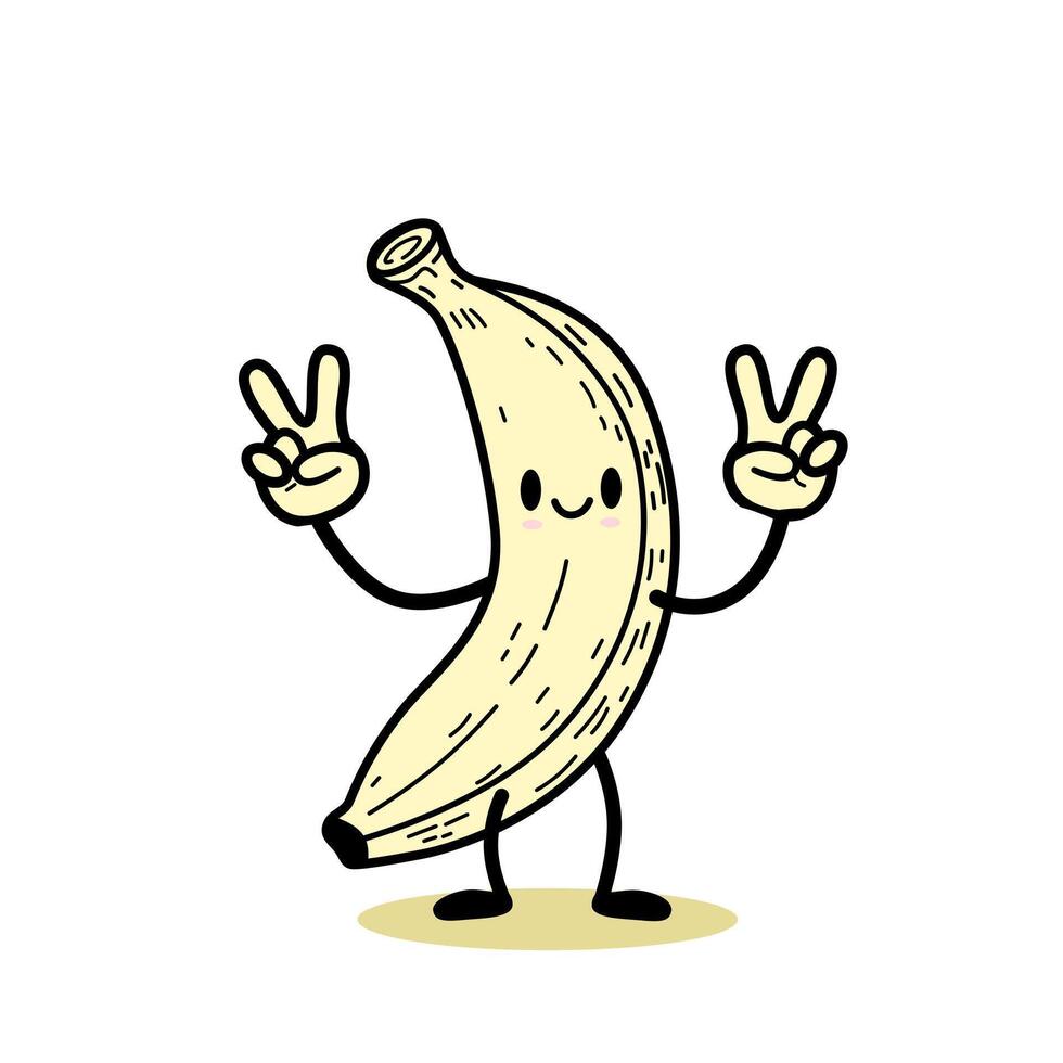 cartoon banana character with a smiling face, holding up two peace signs. Simple and fun design, perfect for playful and quirky projects. vector