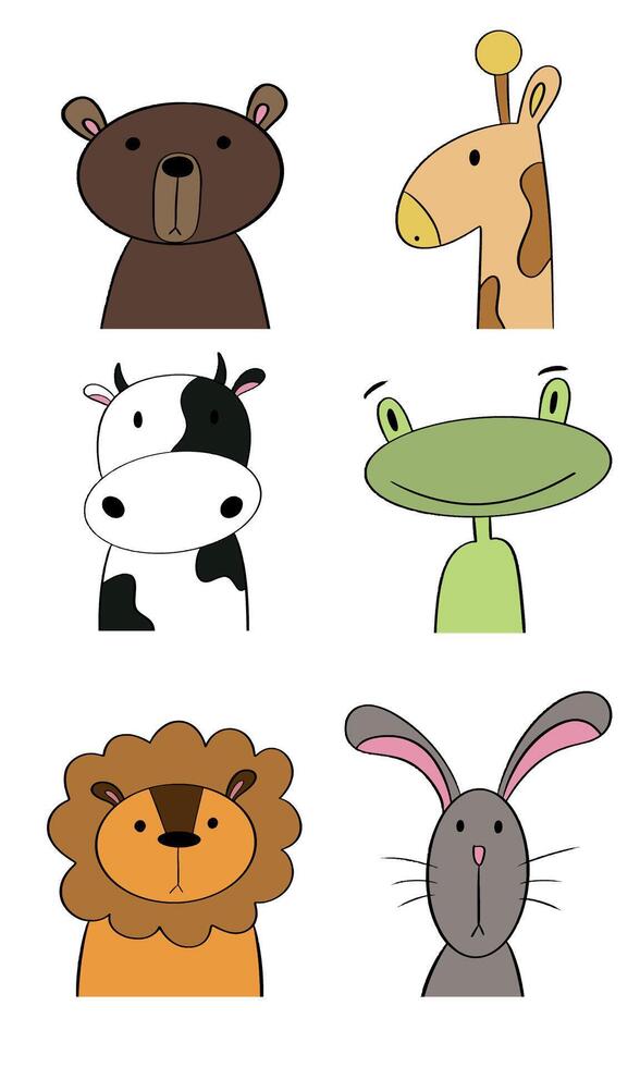 Animals collection. Simple set of animal characters - bunny, lion, bear, giraffw, cow, frog vector
