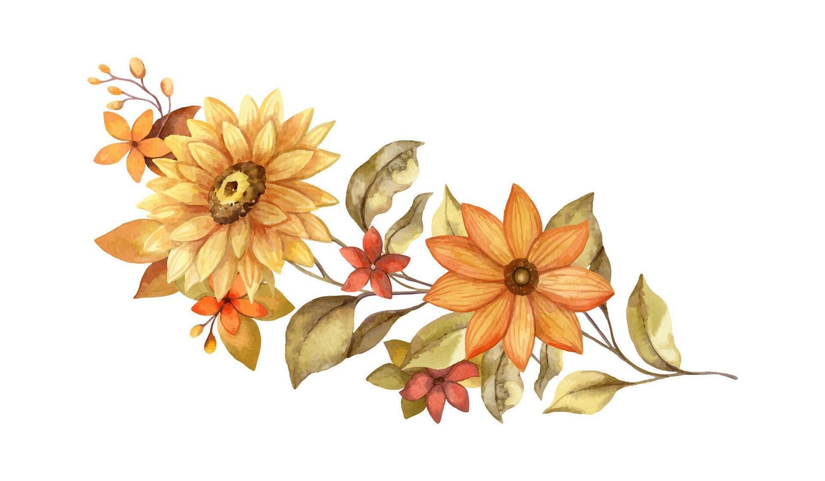 Fall flower watercolor oblong arrangement with Sunflower and Dahlia. Hand drawn floral bouquet with bloom in golden and muted colors. Perfect for autumn botanical invitation and card designs. vector