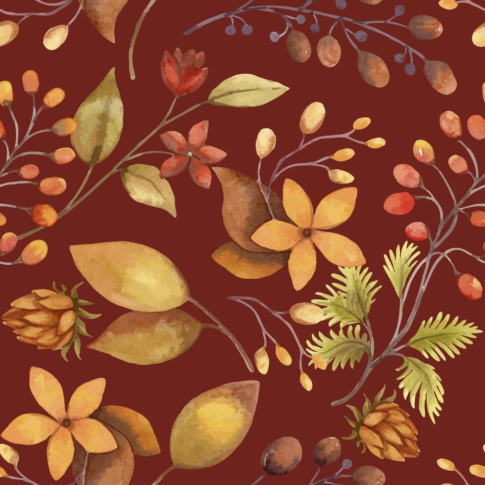 Fall flowers seamless pattern with leaves and berries on the maroon background. Hand drawn watercolor autumn floral illustration in green and orange colors for fabric and paper designs. vector