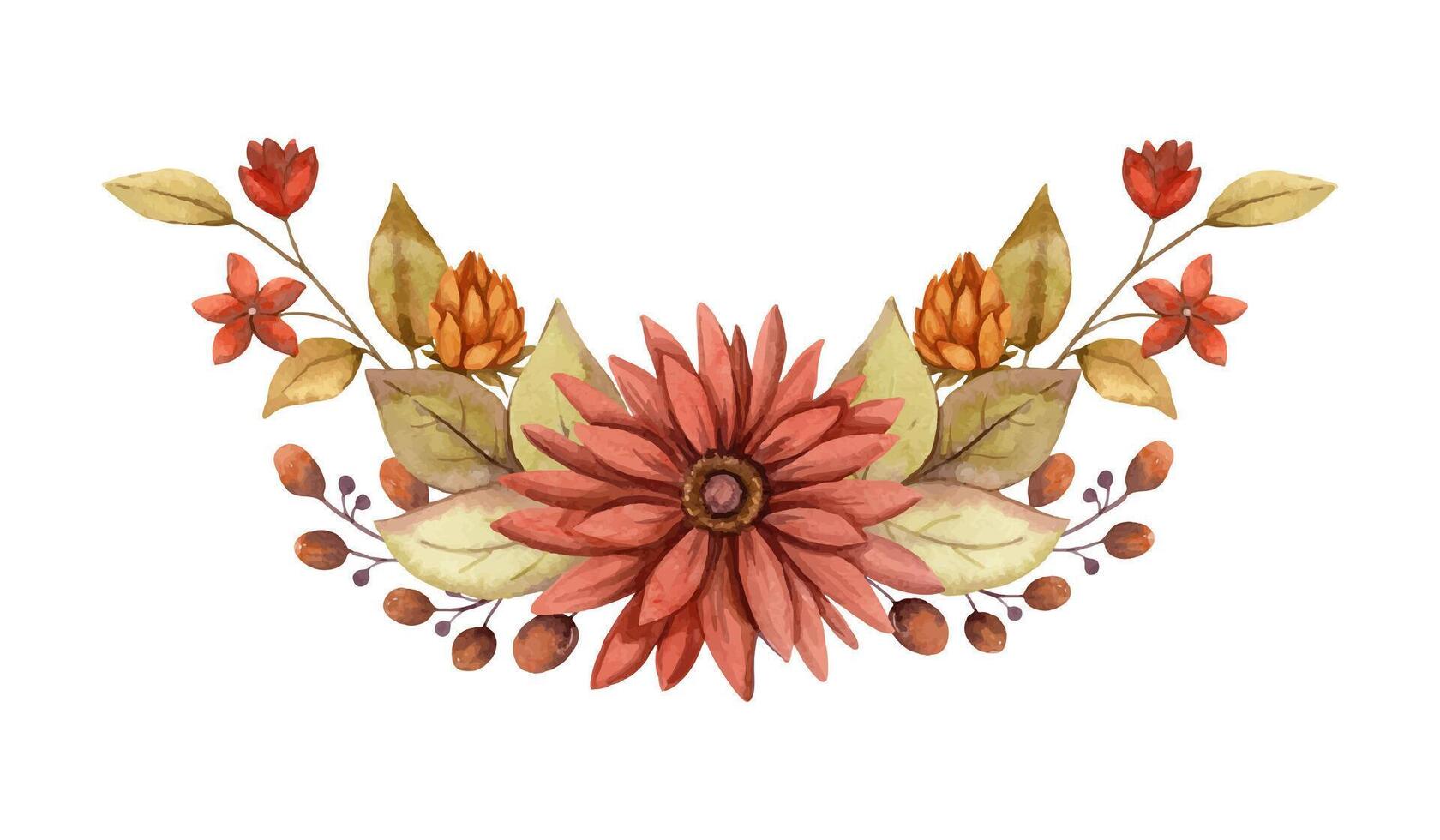 Fall flower watercolor oblong arrangement with red Aster. Hand drawn floral bouquet with blooming in golden and muted colors. Perfect for autumn botanical invitation and card designs vector