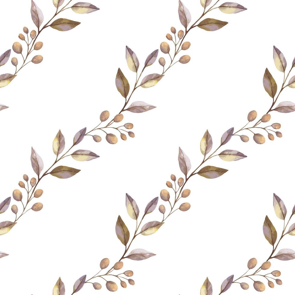 Leaves on a thin branch with berries diagonal seamless pattern on the light background. Hand painted watercolor fall floral illustration in beige and lilac colors for fabric and paper designs. vector