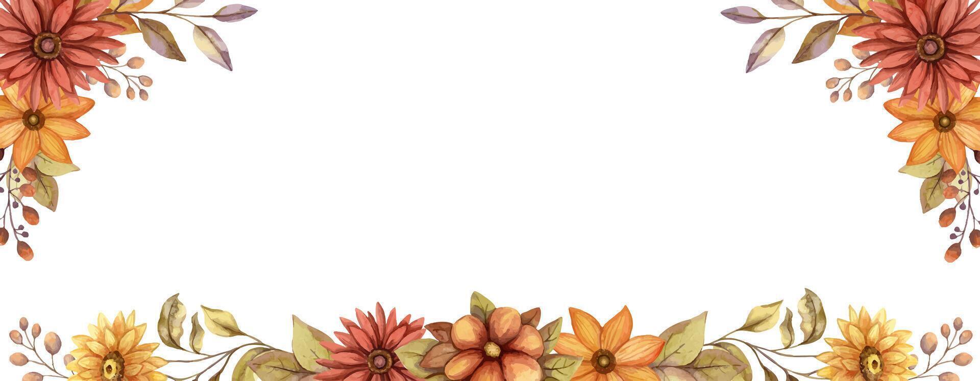 Autumn flower horizontal banner frame with watercolor blossom and branch of leaves. Hand drawn floral corner template in rustic style. Perfect for fall botanical invitation and card designs. vector