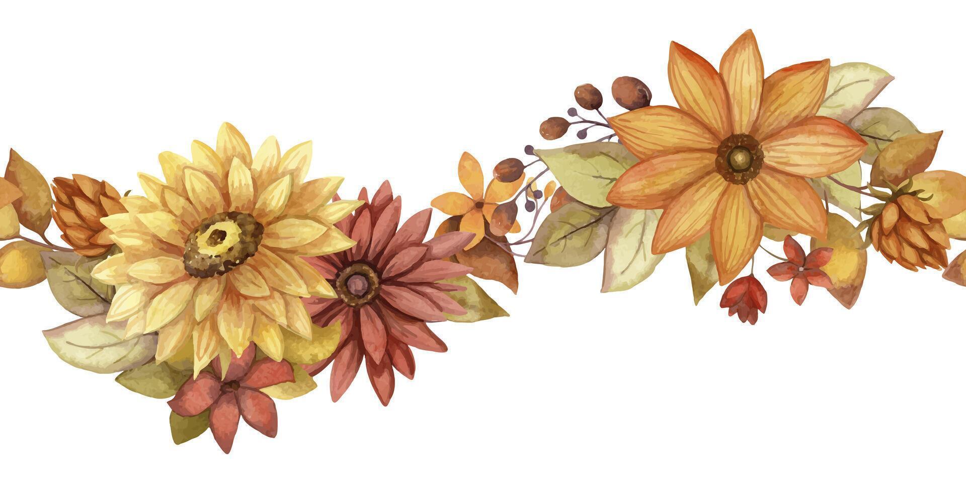 Seamless border with autumn watercolor flower and leaf. Hand drawn floral curve arrangement with blooming in rustic style and orange color. Perfect for fall botanical frame and card designs. vector