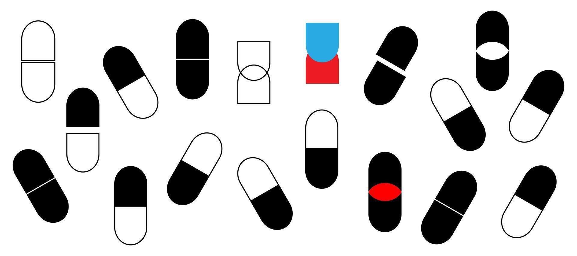 Pills icon set medicament and pharmaceutical symbol. Capsule, medicine and dust icon. vector