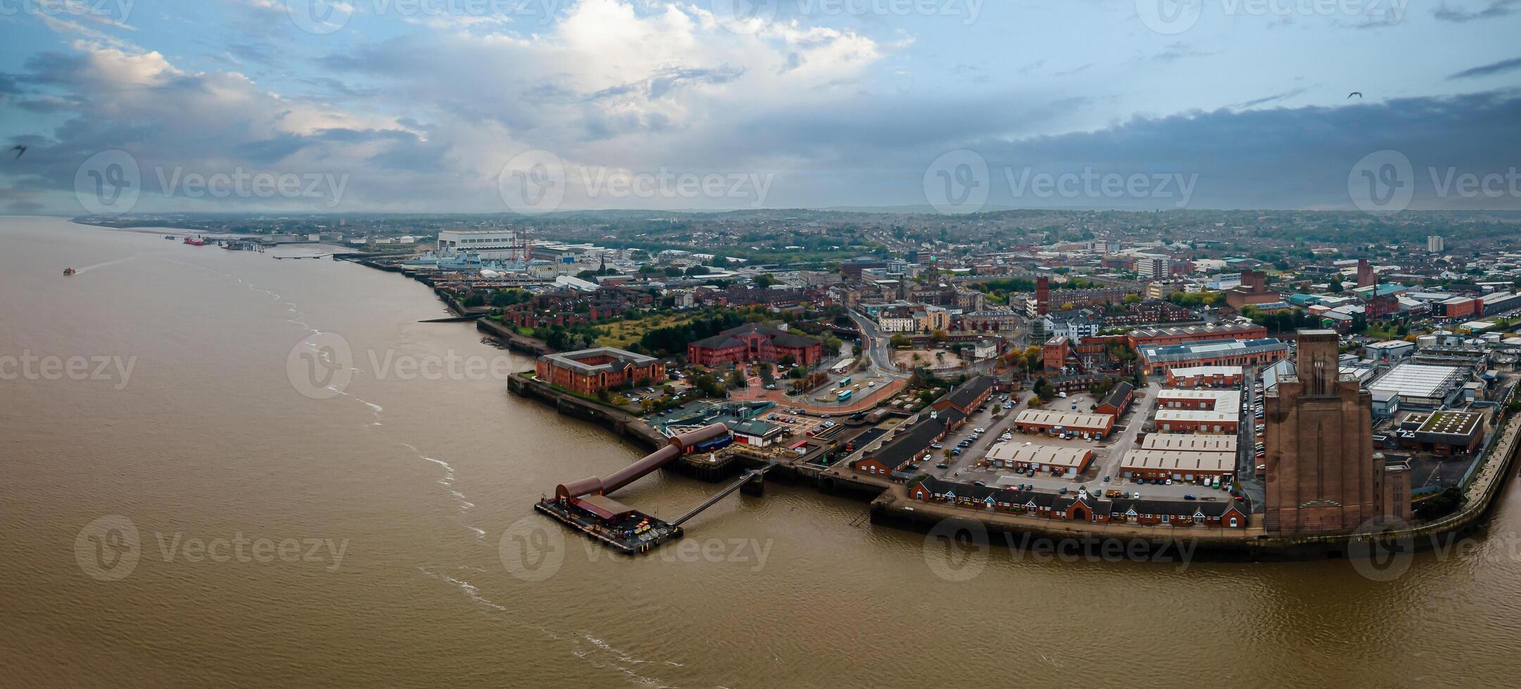 Liverpool, Merseyside, England September 20th, 2021 Aerial view of Liverpool Skyline and the Mersey river. Waterfront in the evening. photo
