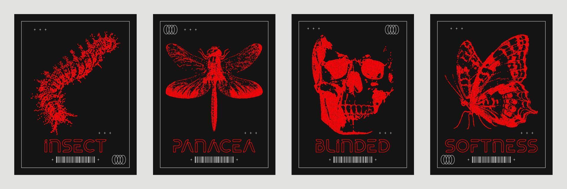 Set of futuristic posters with retro photocopy elements. Stylish caterpillar, skull, butterfly, dragonfly print for streetwear, T-shirts, sweatshirts. illustration. vector
