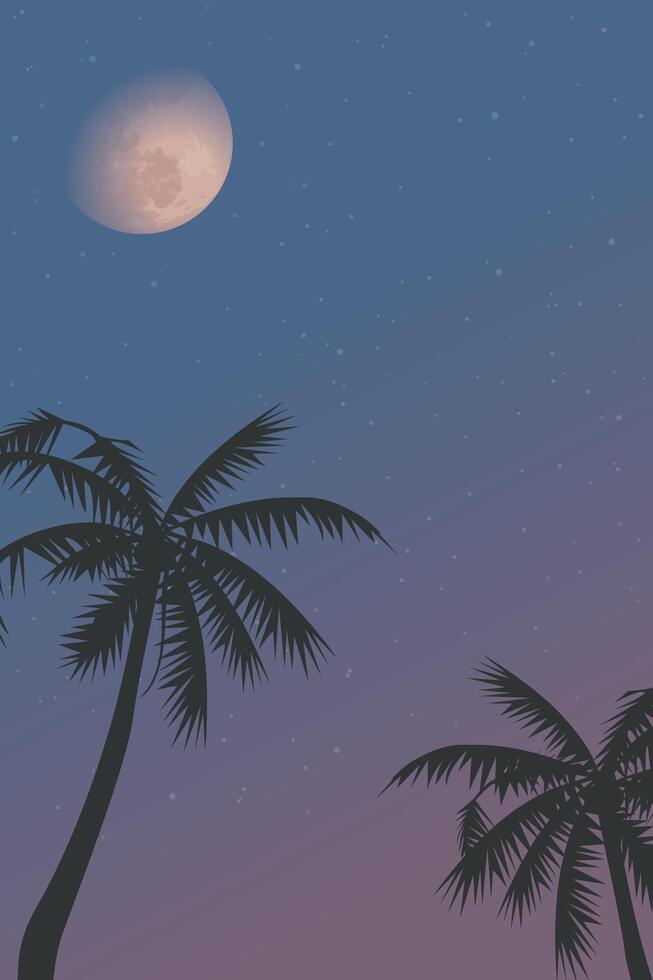 Silhouetted coconut palm trees with half moon and twilight sky vertical background graphic illustration have blank space. vector