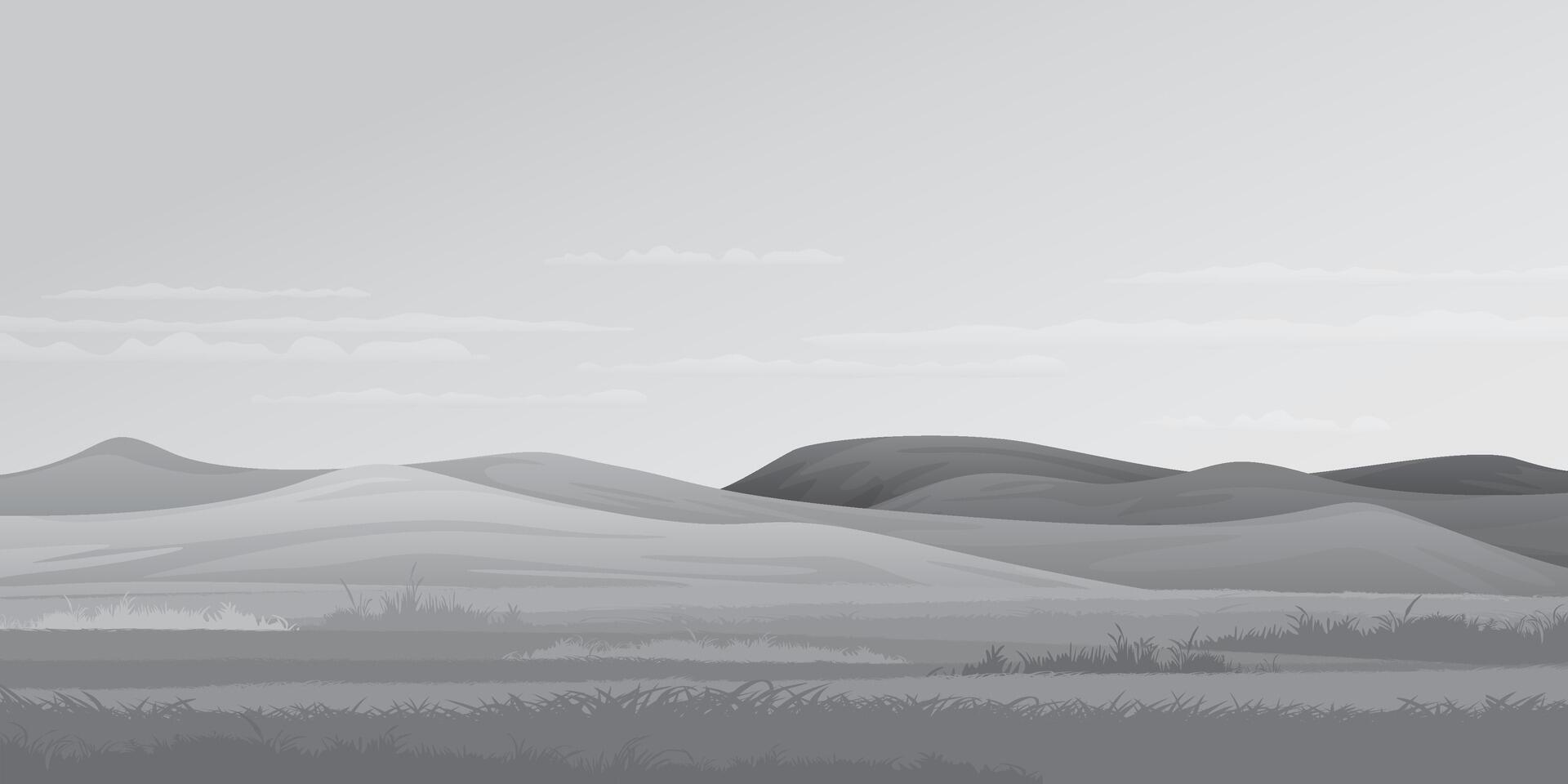 Minimalist grass field landscape with mountain ranges grayscale graphic illustrated have blank space. vector