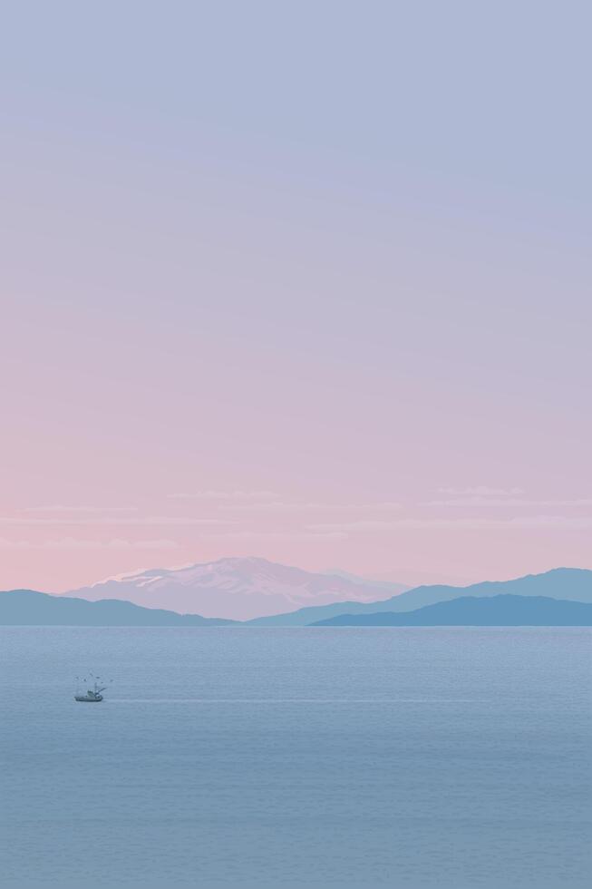 Minimalist seascape with fishing boat followed by seagulls have mountain and twilight sky vertical background graphic illustration have blank space. vector