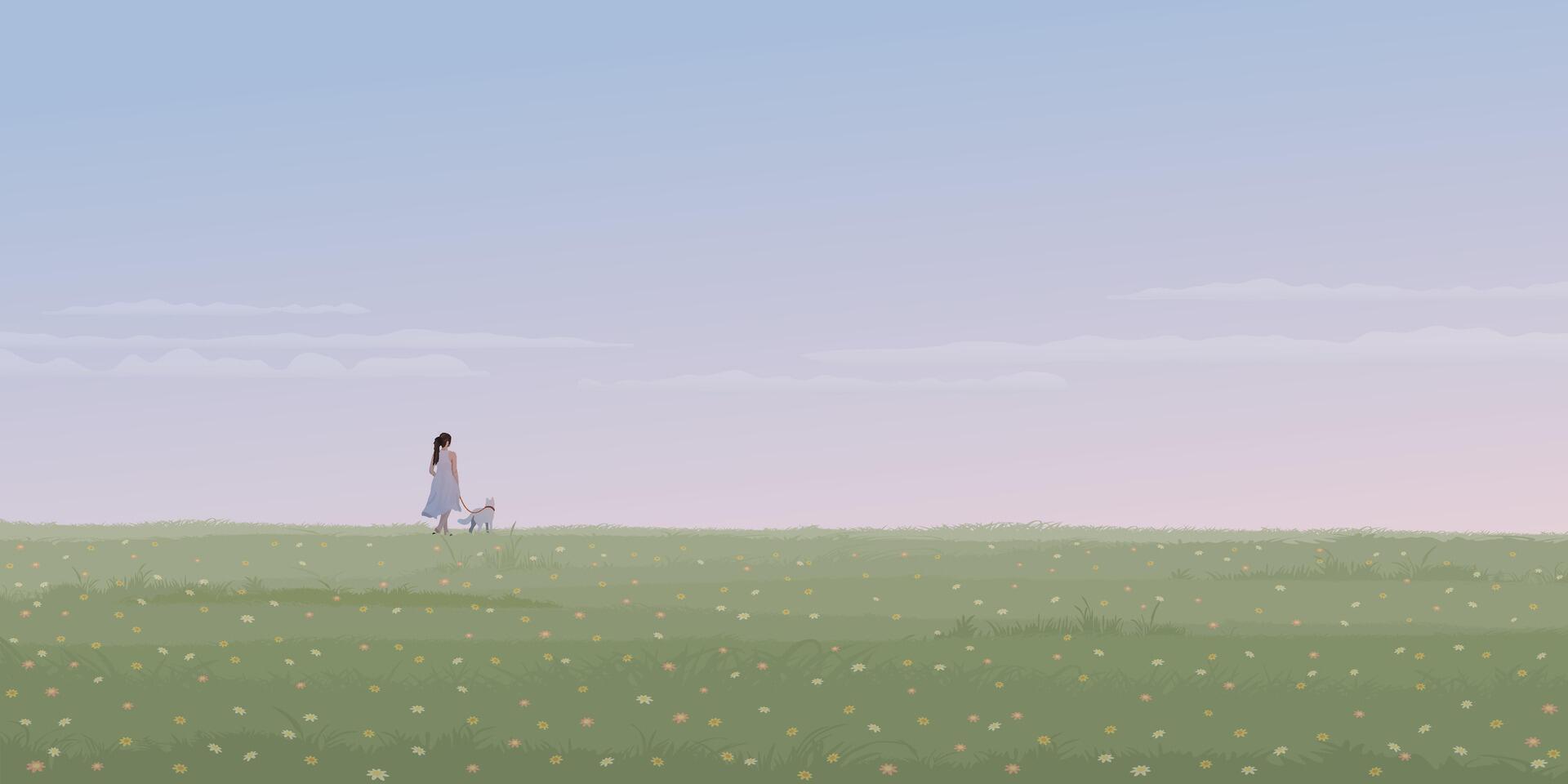 Minimalist sunrise landscape flower field with a woman handling her dog on the leash graphic illustrated have blank space. vector