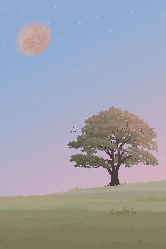 Minimalist grass field landscape and big tree with twilight sky and moon vertical background graphic illustrated have blank space. vector