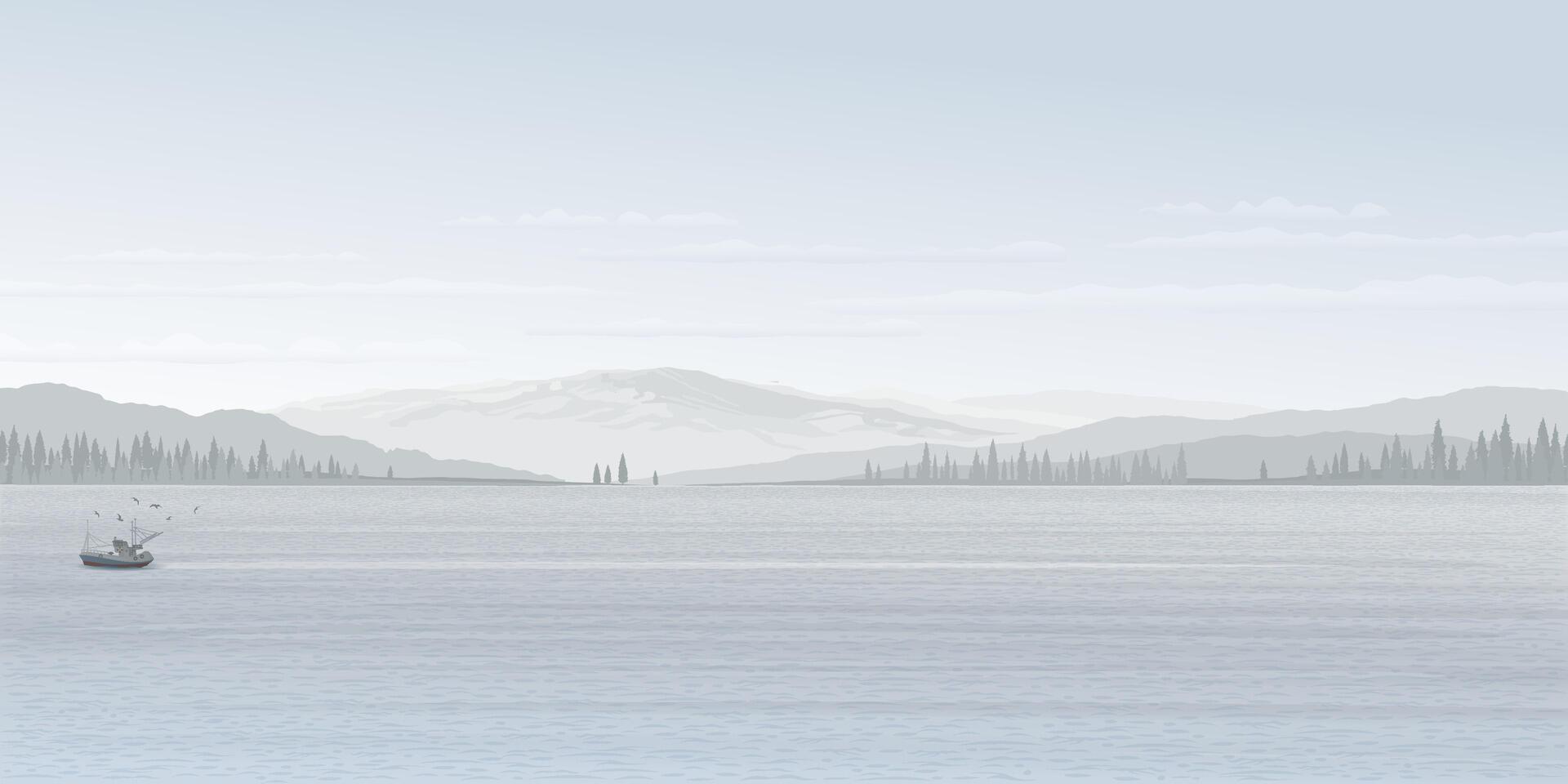 Minimalist seascape in winter season with fishing boat followed by seagulls have mountain ranges, silhouetted pine forest and dusk sky background graphic illustration have blank space. vector