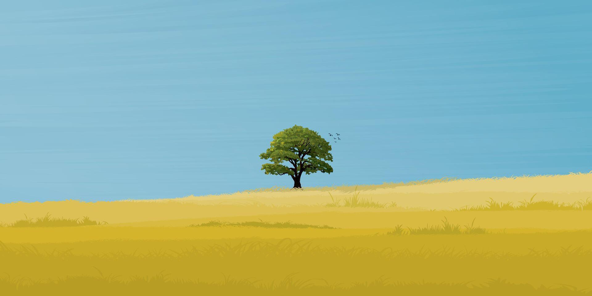 Minimalist grass field landscape and big tree with blue sky background graphic illustrated have blank space. vector