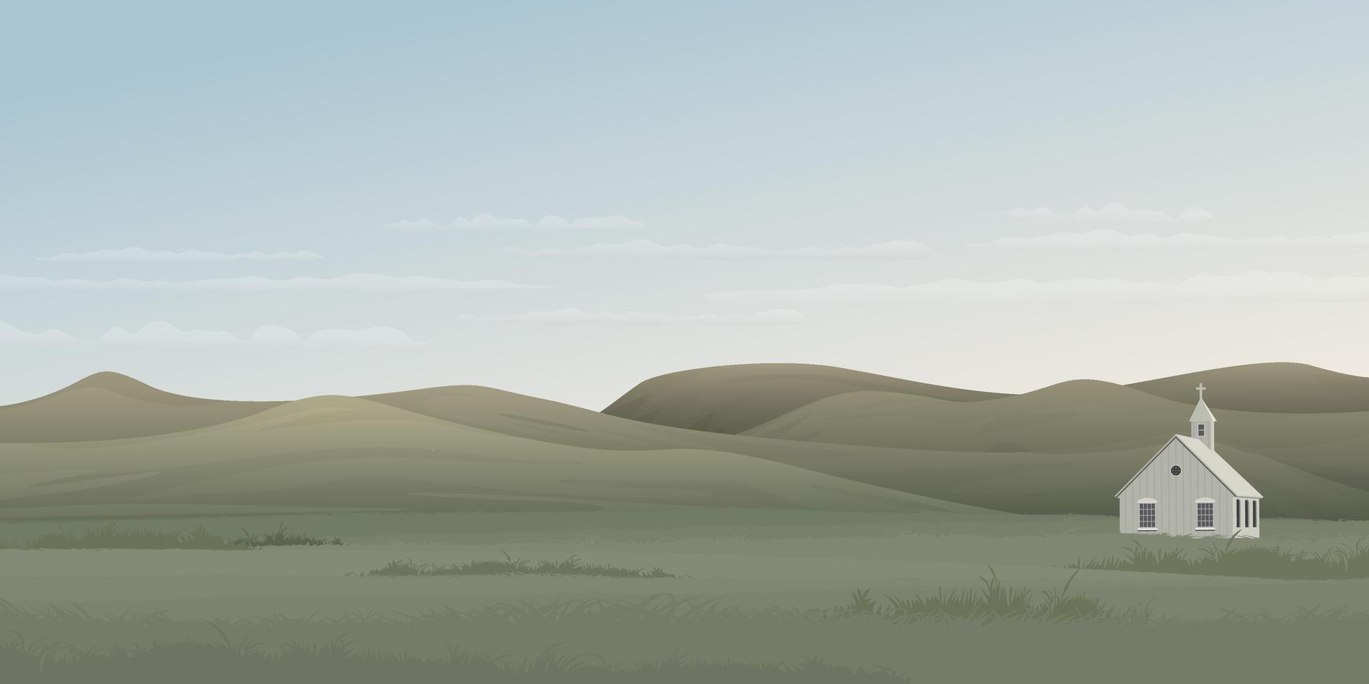 Minimalist landscape grass field and mountain ranges with old church graphic illustration have blank space. vector