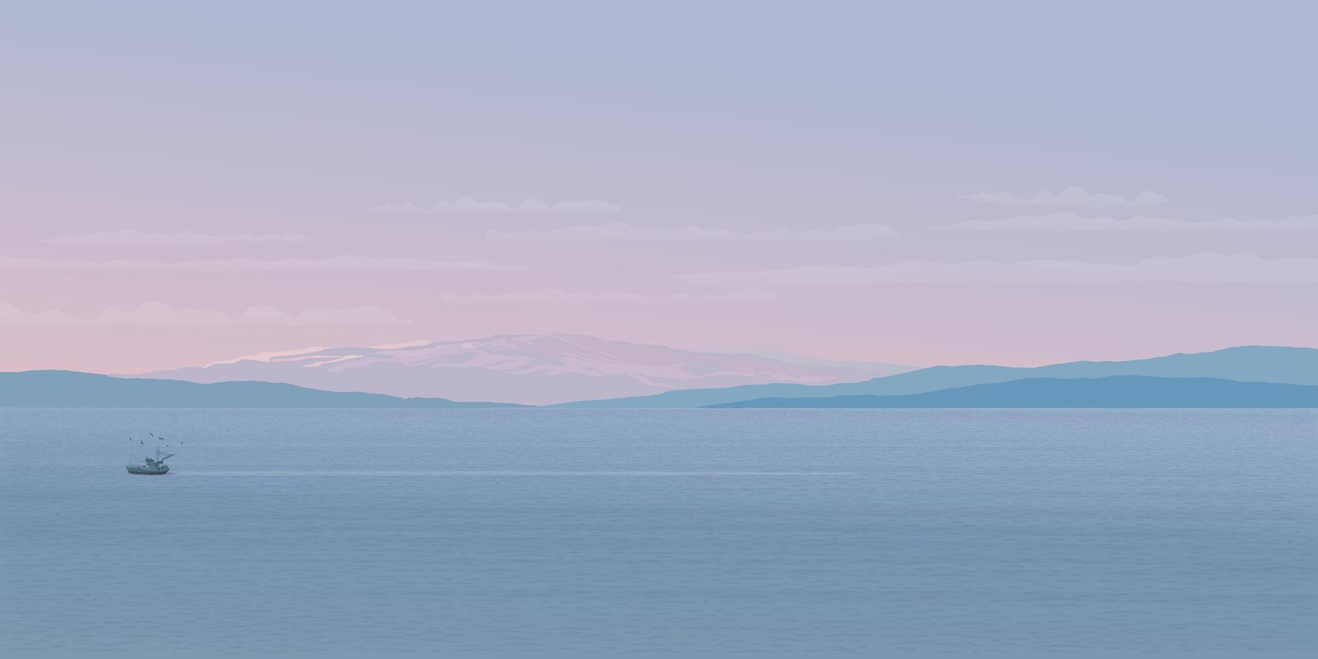 Minimalist seascape with fishing boat followed by seagulls have mountain and twilight sky background graphic illustration have blank space. vector