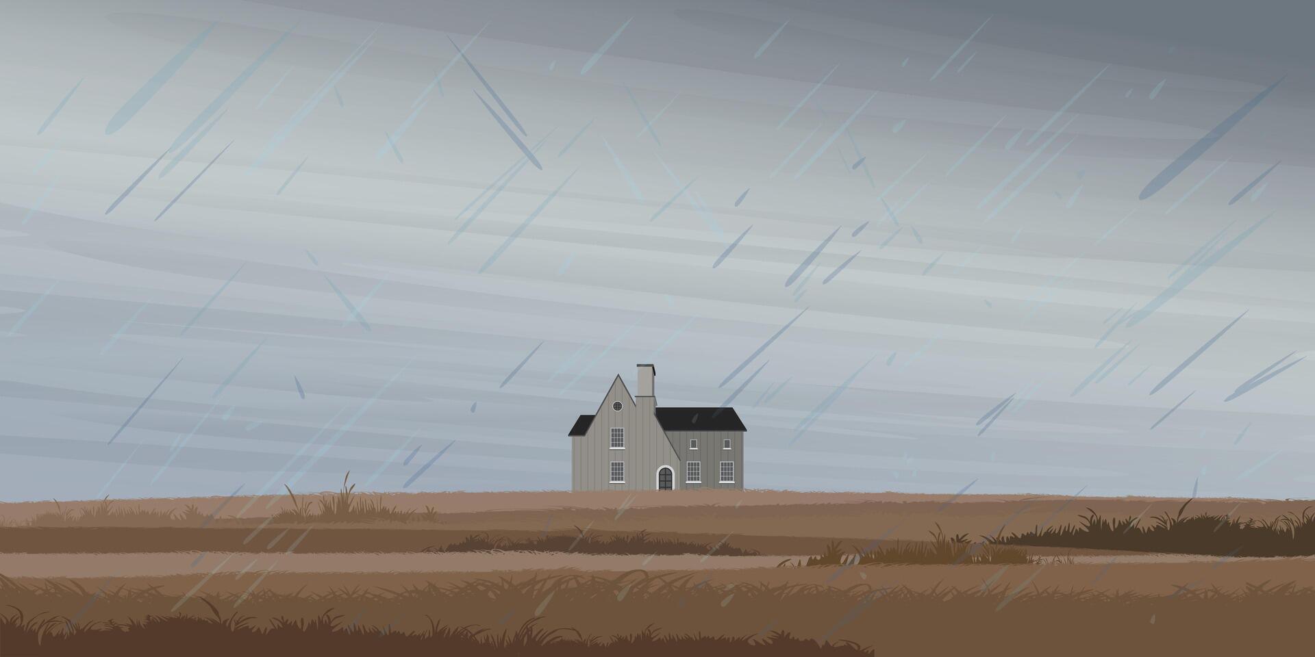 Minimalist grass field landscape with country house in rainy season graphic illustrated have blank space. vector