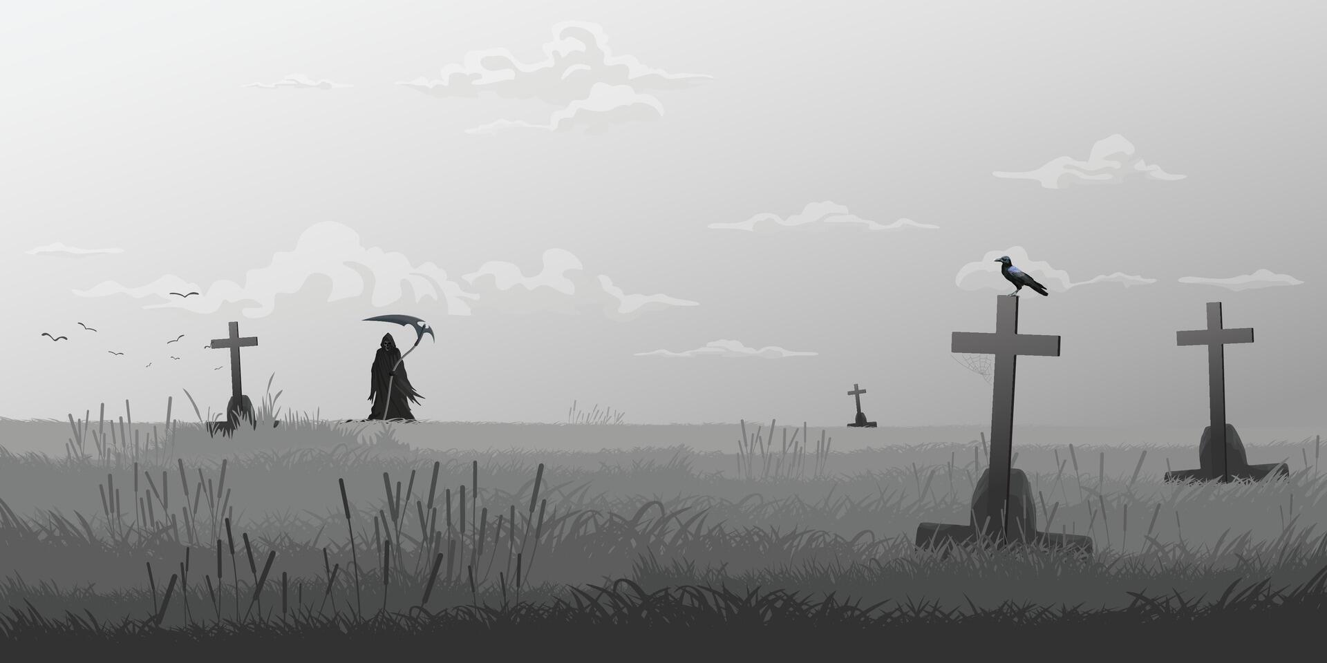 Angel of Death in graveyard in foggy day monochromatic color vector