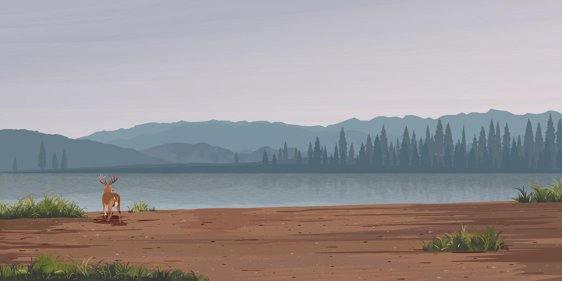 Countryside landscape of muddy area with deer, lake, pine forest and mountain ranges vector