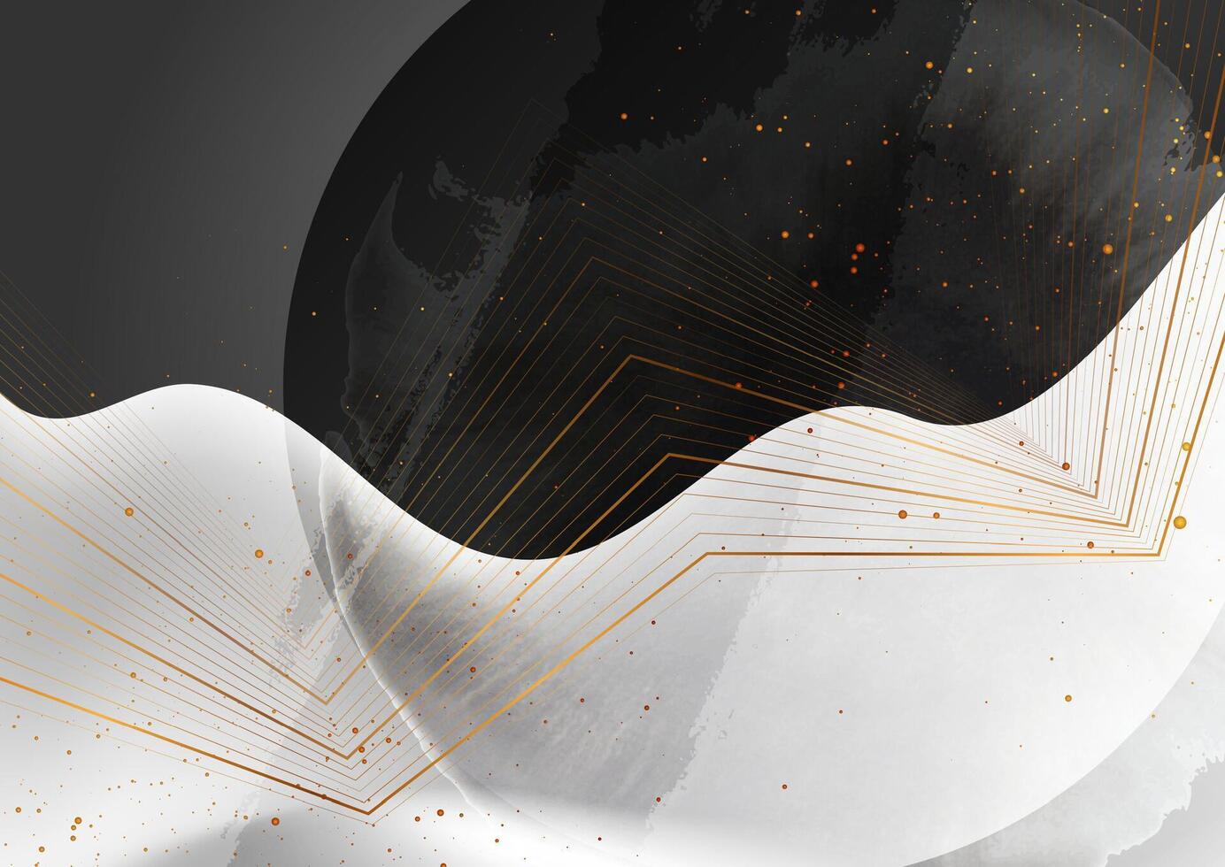 Golden curved lines and dots on black grey grunge wavy background vector
