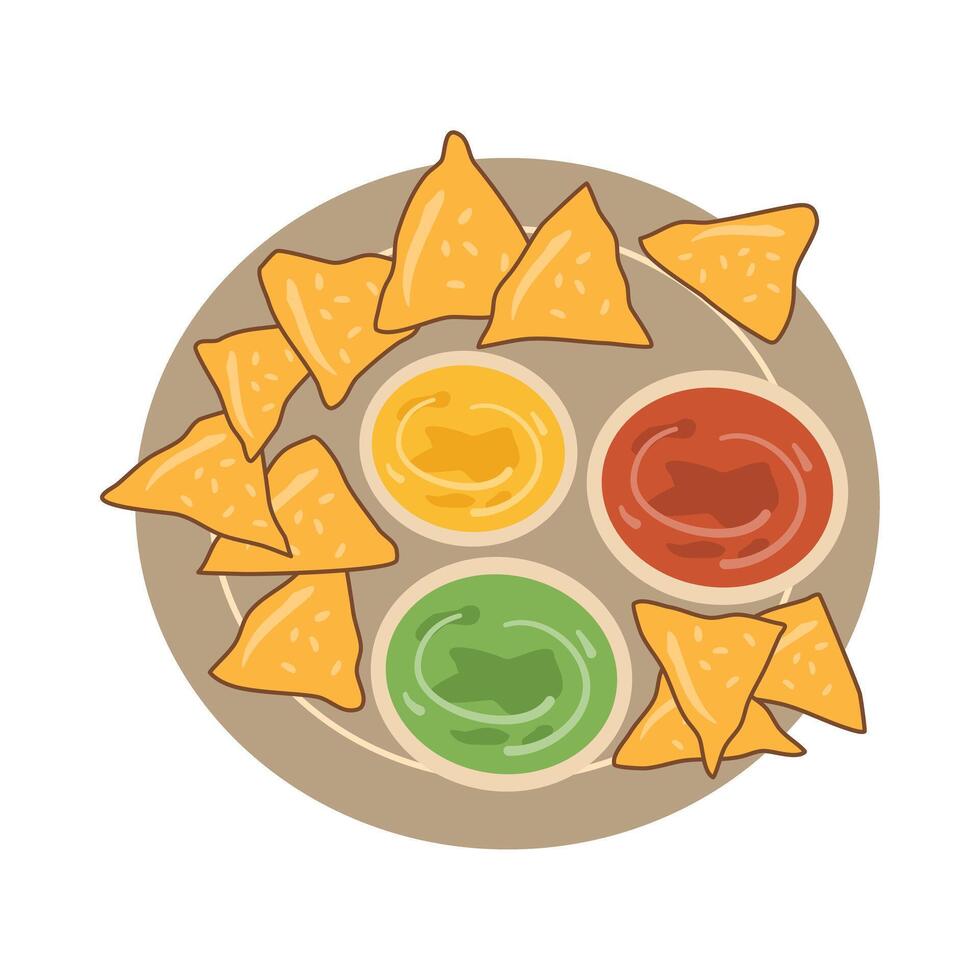 Nacho Chips with Guacamole, Salsa, and Sour Cream vector