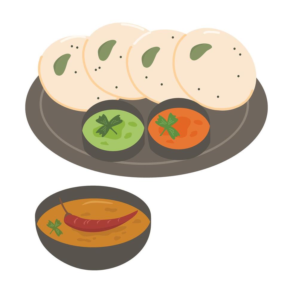 idly or Idli with Sambhar and green chutney vector
