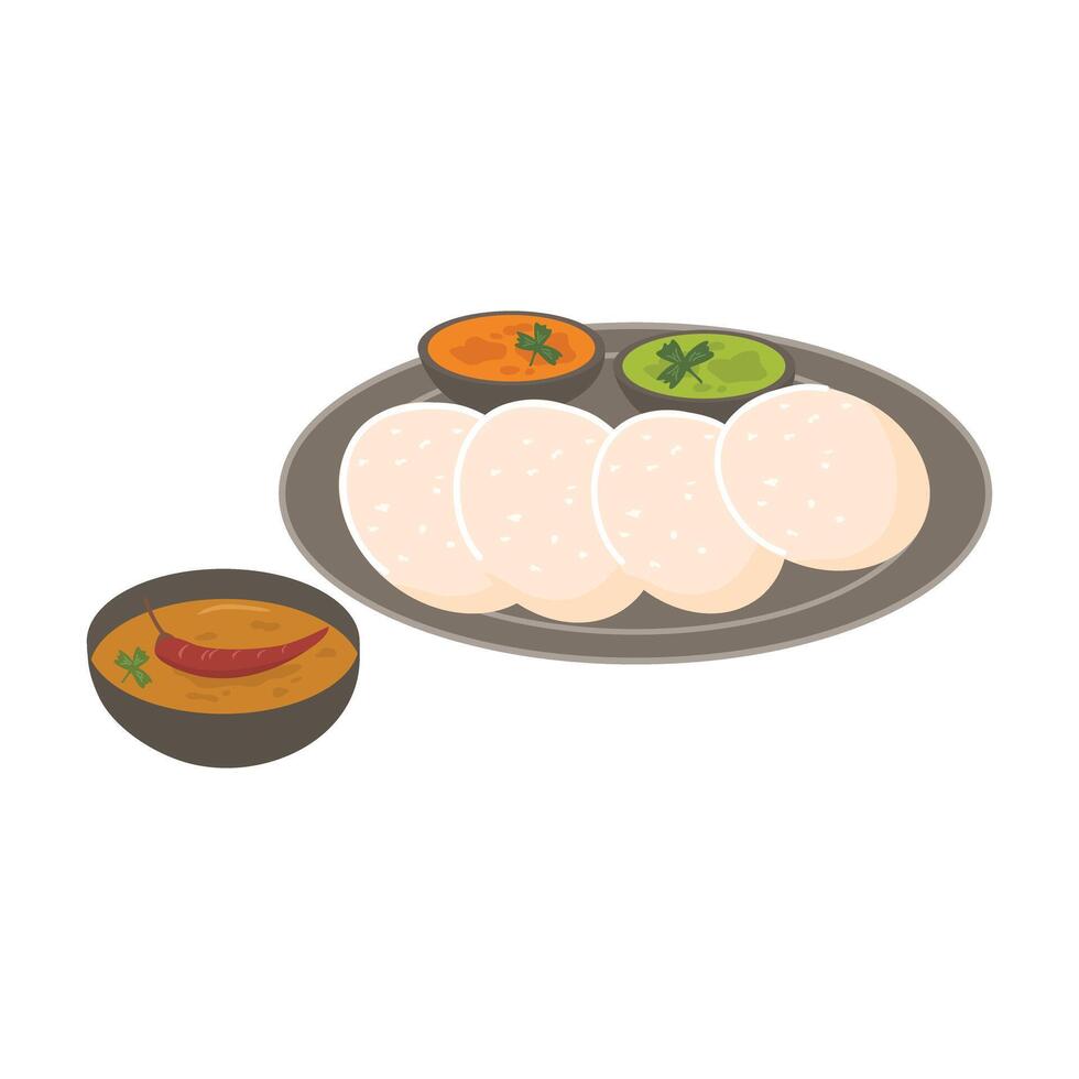 South indian breakfast idly or idli or rice cake served with coconut chutney and sambar vector