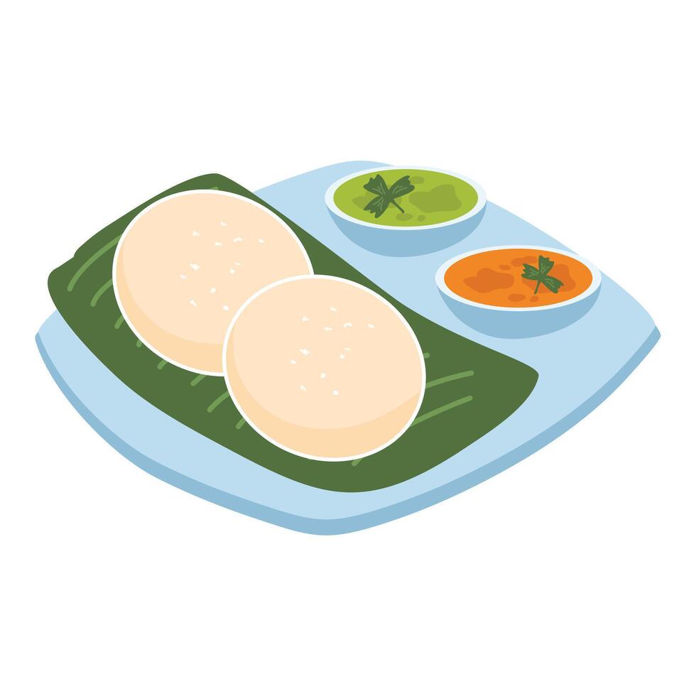 South indian breakfast idli or rice cake served with coconut chutney and sambar vector