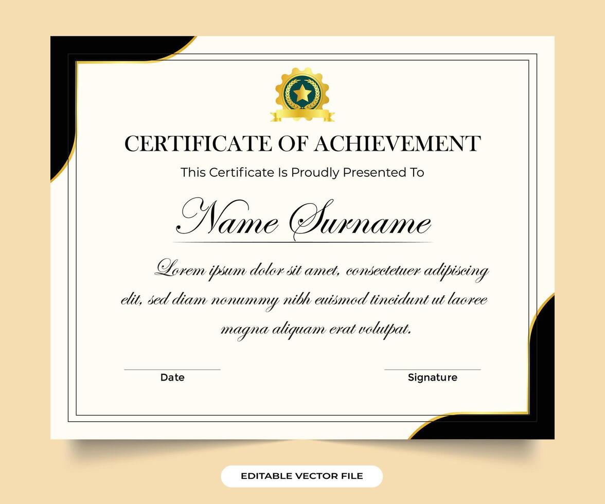 Creative award certificate decoration with black and golden colors. credential academic or official occasions. Achievement certificate frame layout template. Elegant certificate template. vector