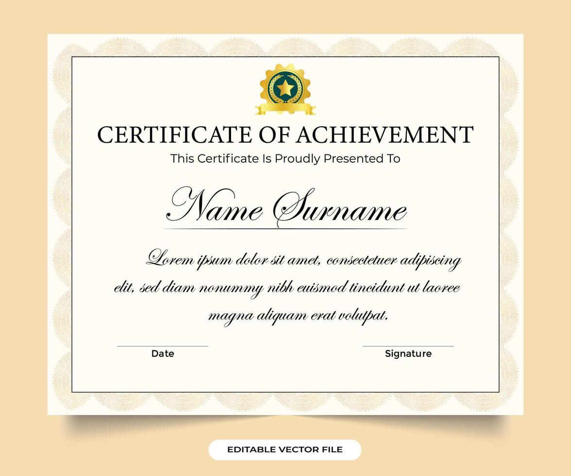 Business achievement credential design with white and golden colors Printable award certificate and diploma paper. Credential frame border design with calligraphy and dark colors. vector