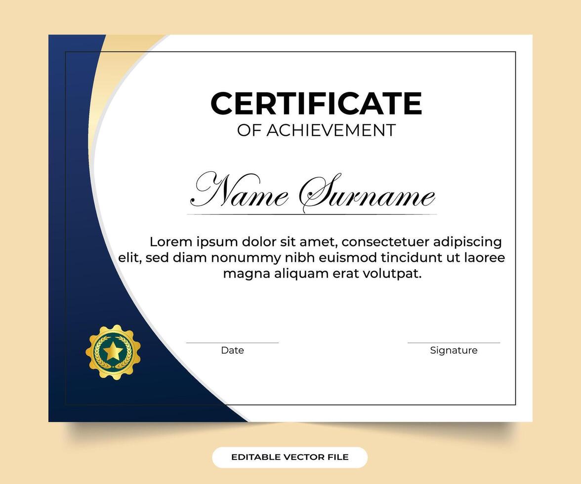 Business achievement credential design with dark blue and golden colors. Creative award certificate decoration credential official occasions. Educational appreciation paper with a golden badge vector