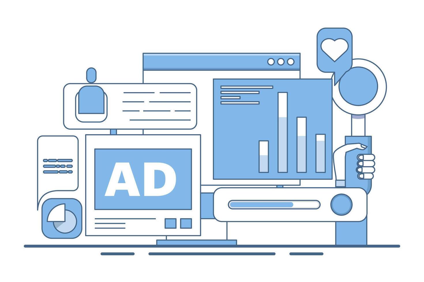 Social media analysis concept, Monitoring content performance on social media, Advertising campaign analysis report with graphs and charts, flat illustration on background. vector