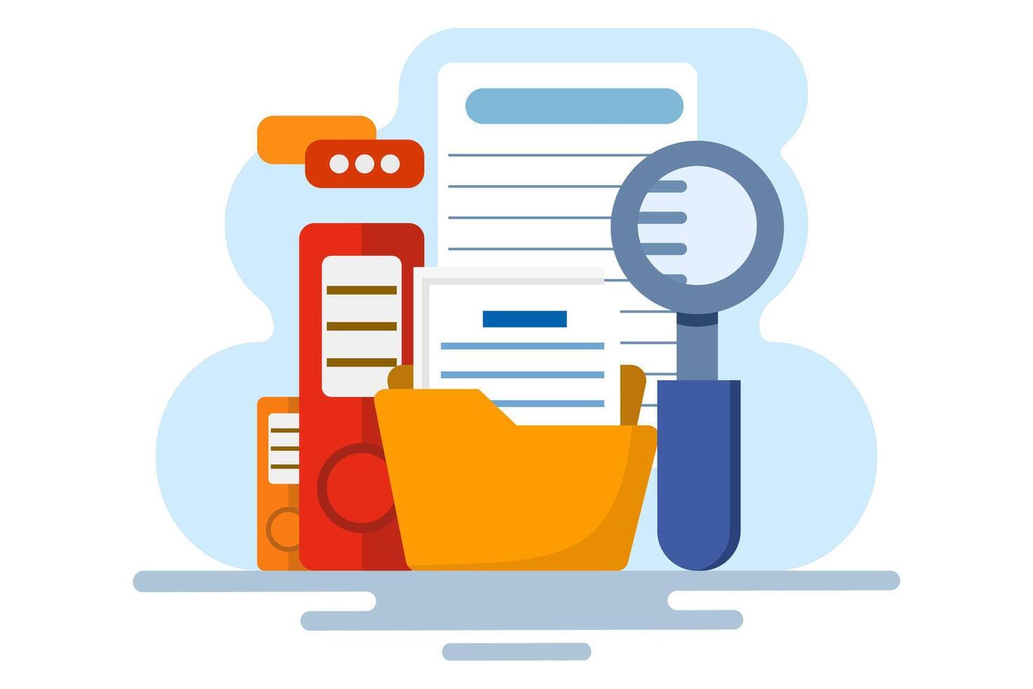 Concept of searching files in files, Magnifying glass with file search, Explore with electronic databases, electronic storage and archives. Flat illustration isolated on background. vector